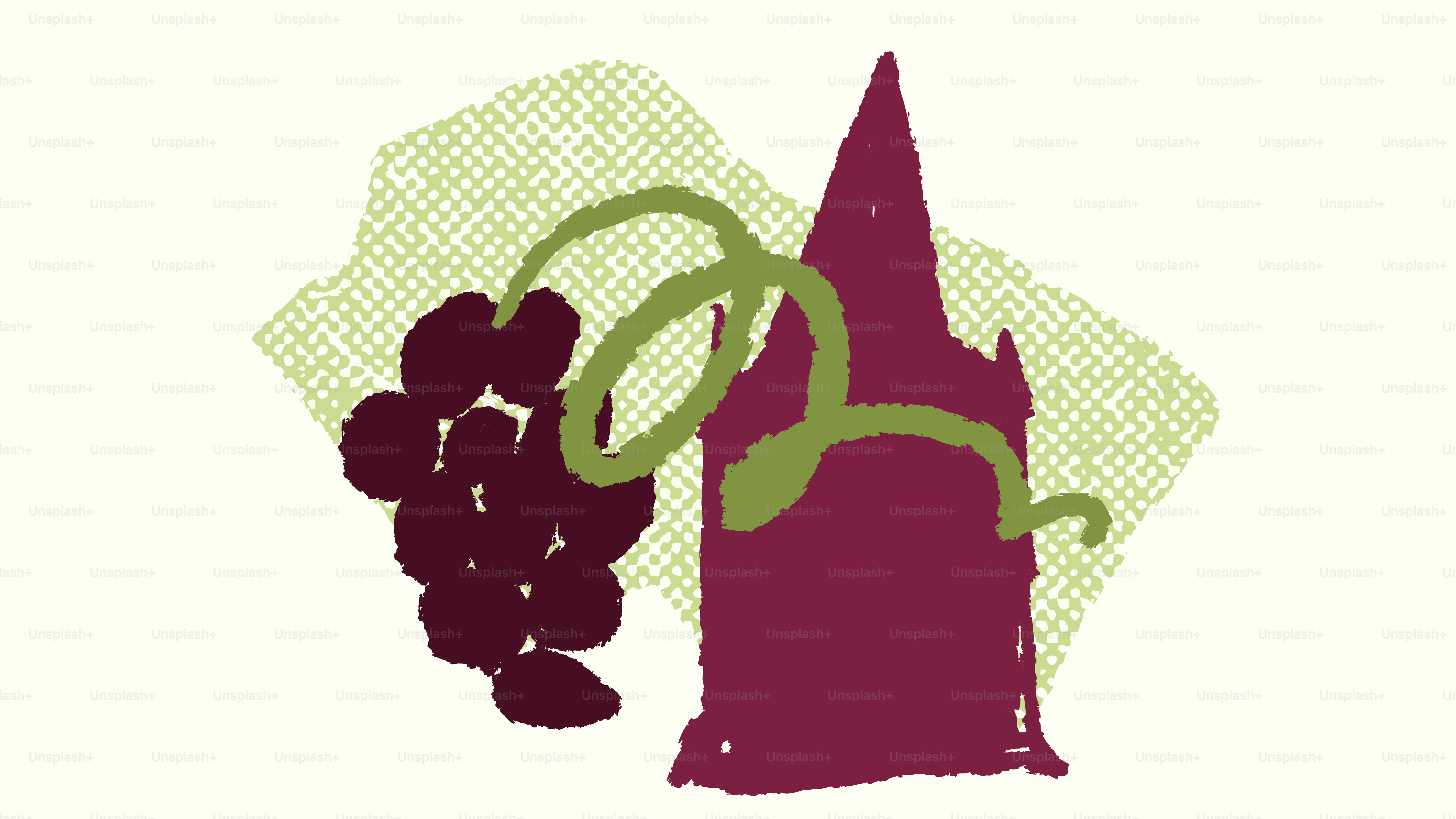 A stylized bottle with grapes and a vine