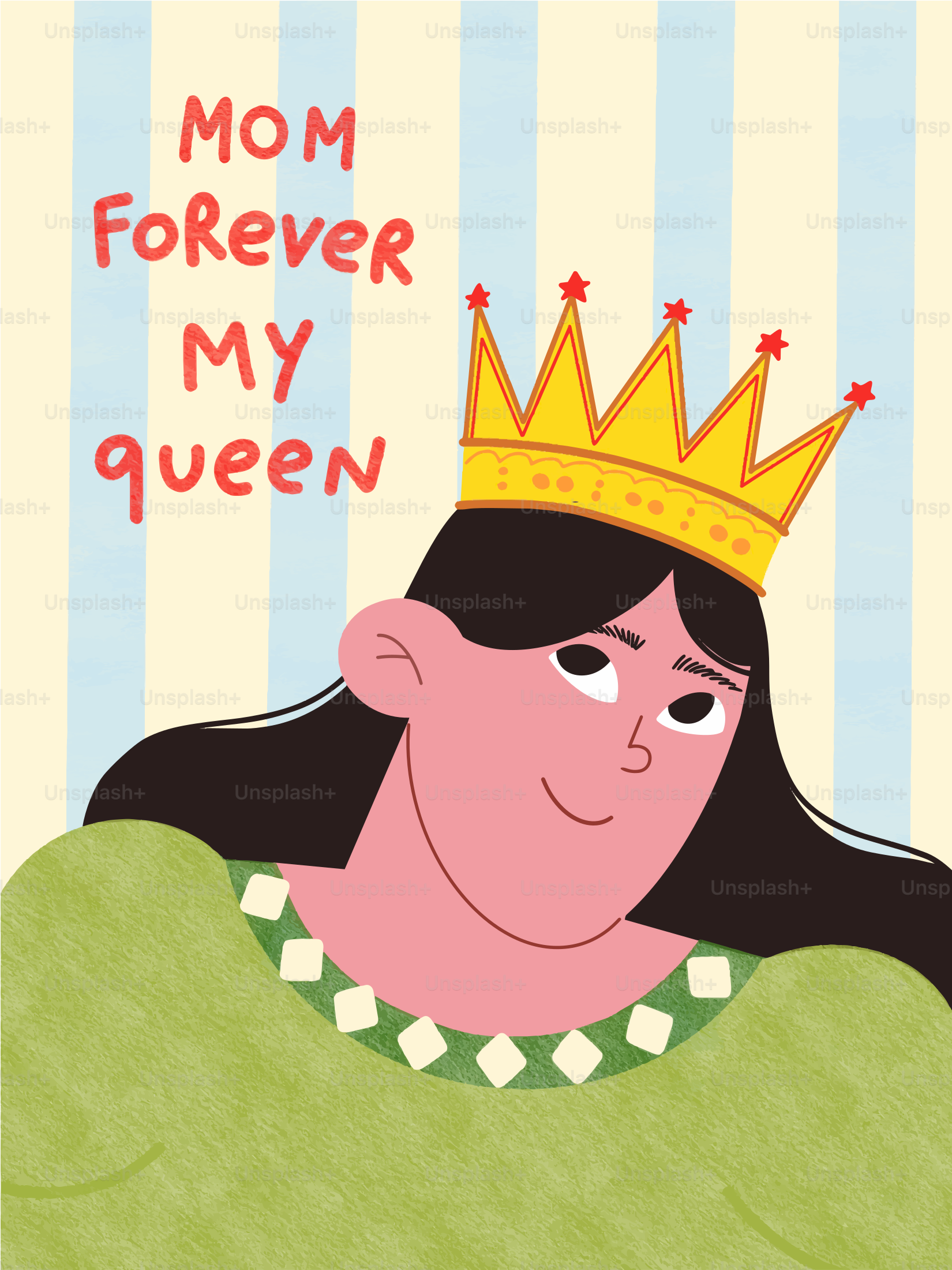 「ママ、永遠に私の女王」と書かれた冠をかぶった女性