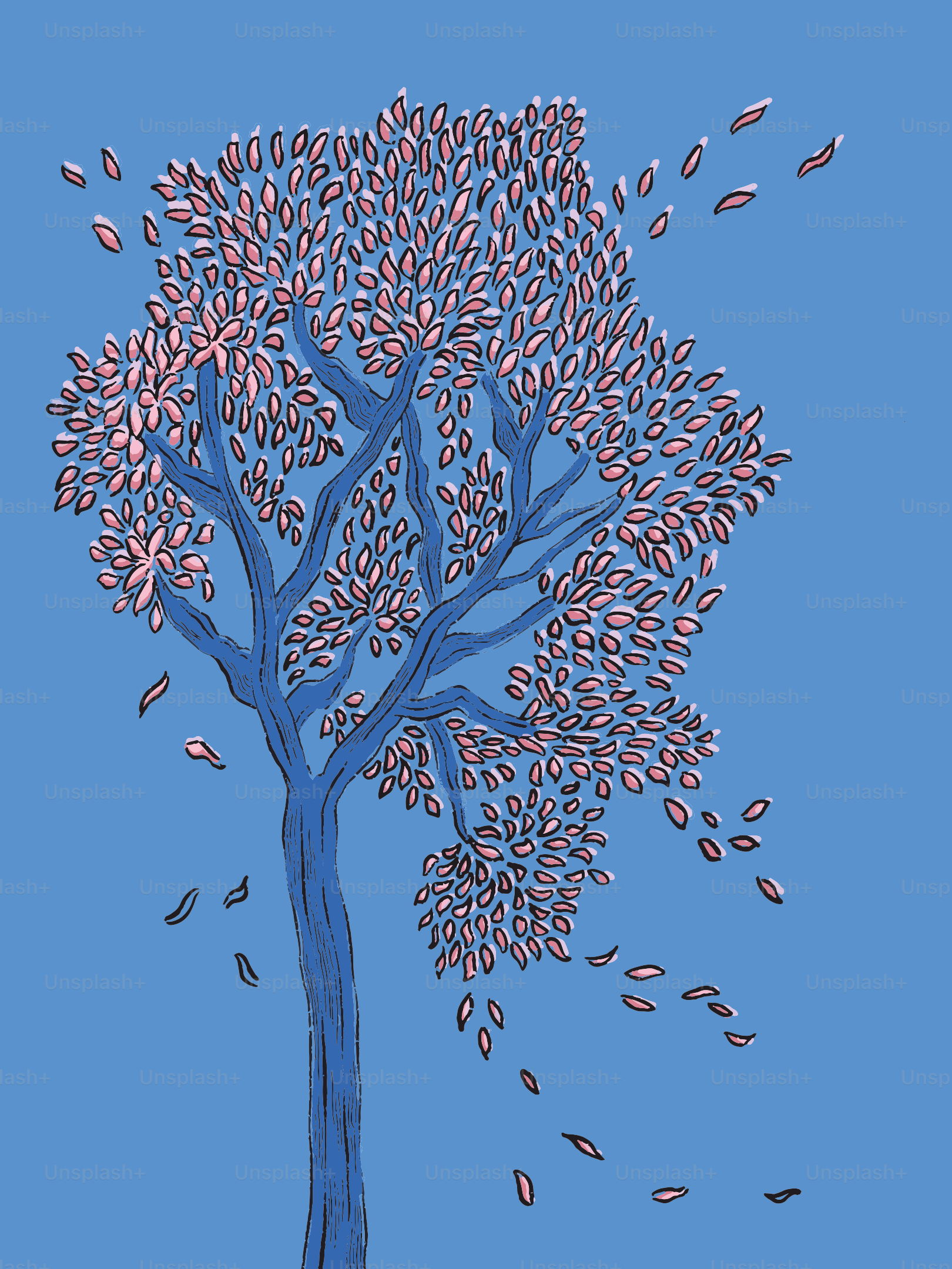 A stylized blue tree with pink leaves on blue background
