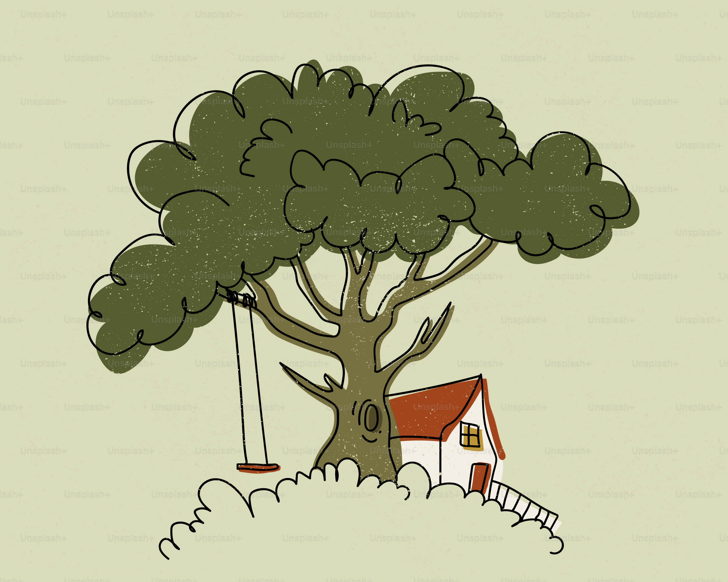 Un albero con un'altalena accanto a una piccola casa
