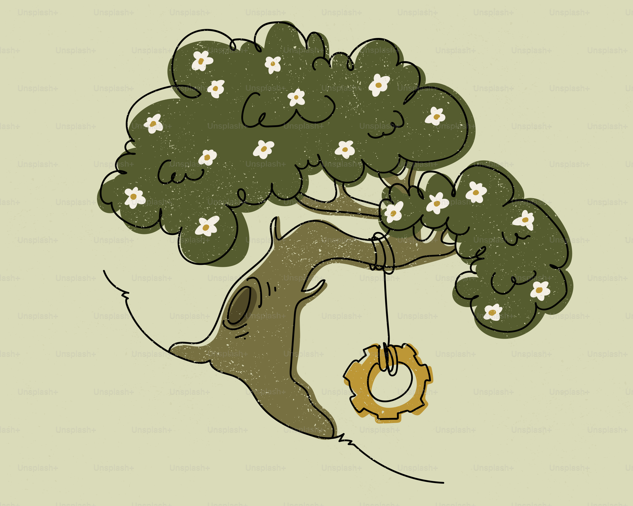 Un albero fantasioso con un ingranaggio appeso al ramo.