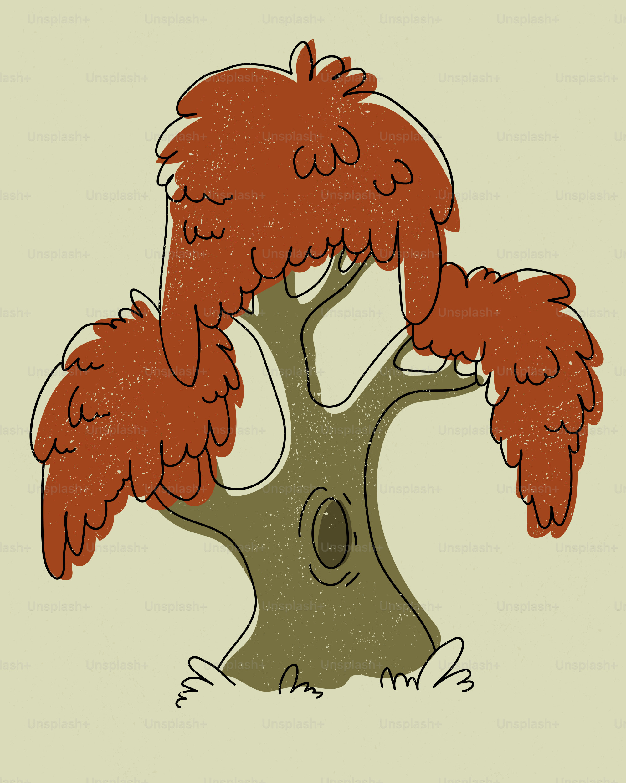 Albero stilizzato con foglie color ruggine su uno sfondo smorzato.