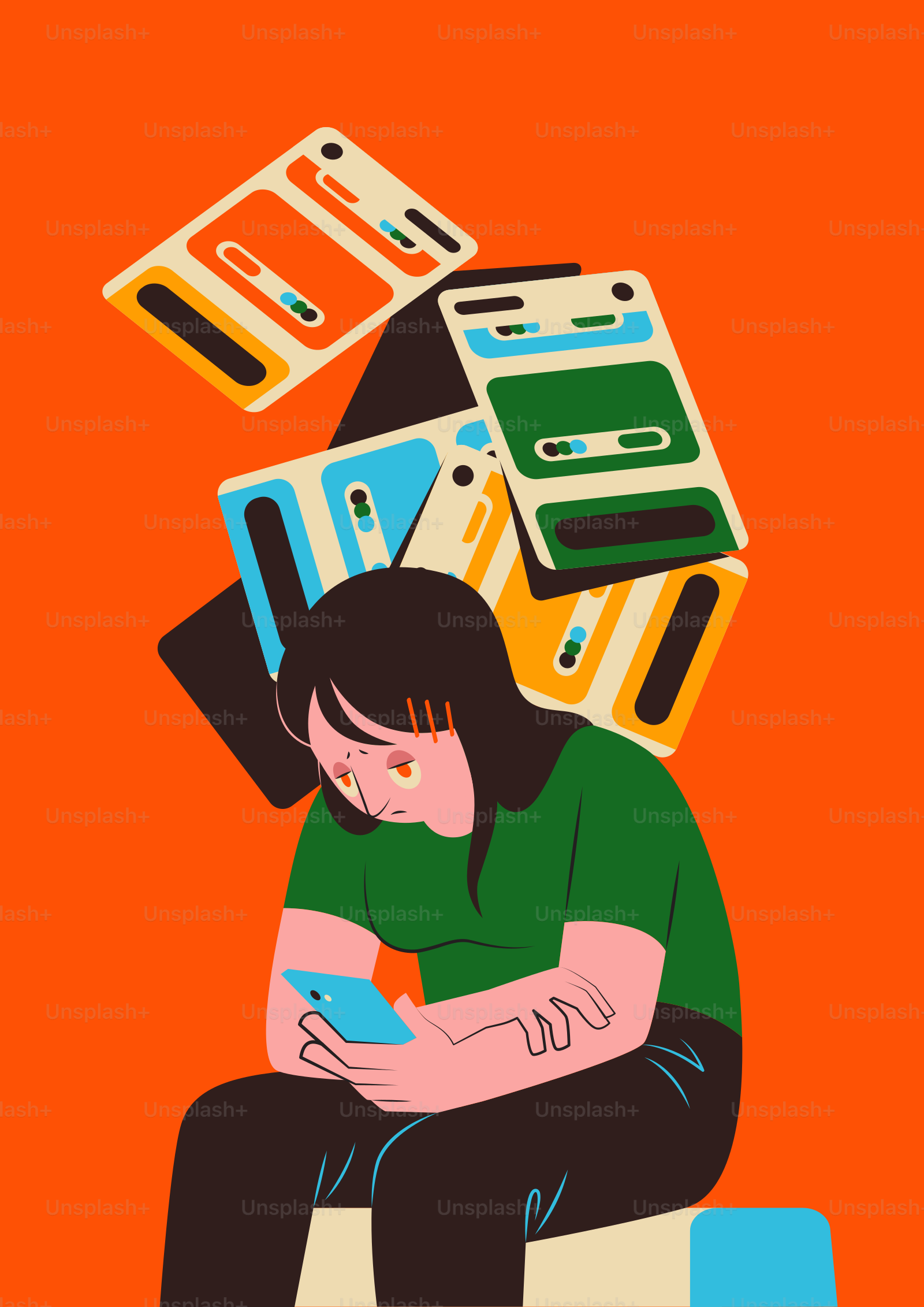 Woman overwhelmed by digital notifications and screens