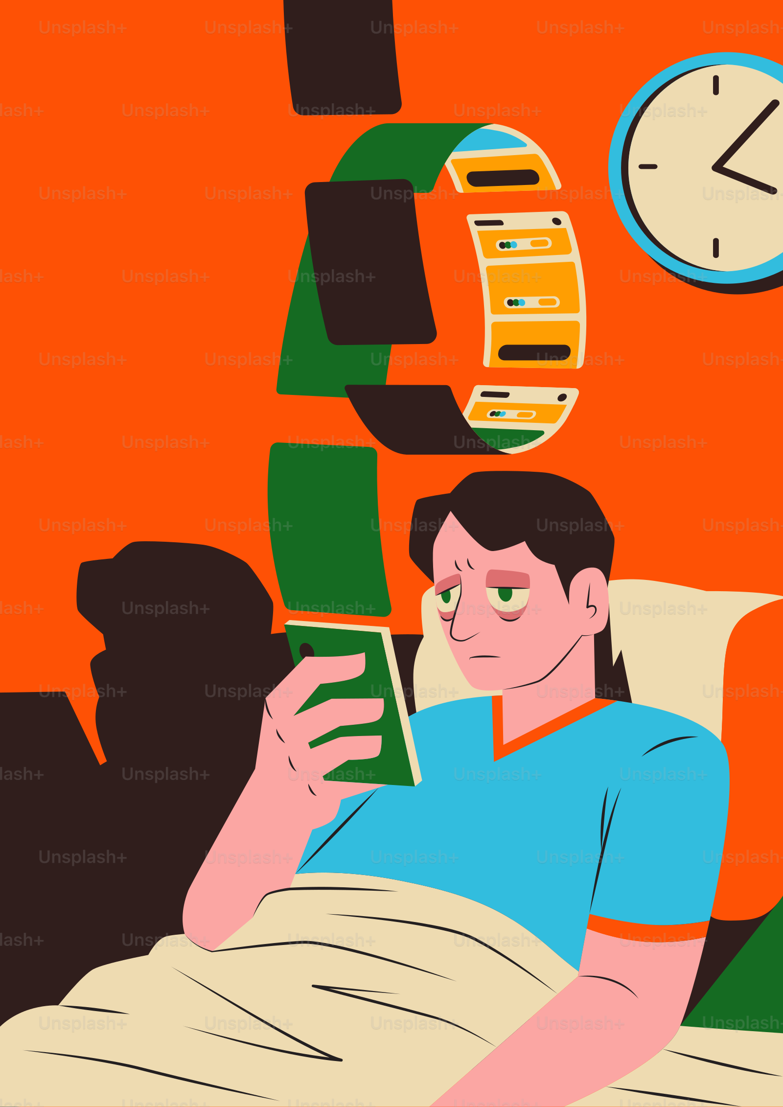 Person overwhelmed by smartphone notifications and messages. vector ...