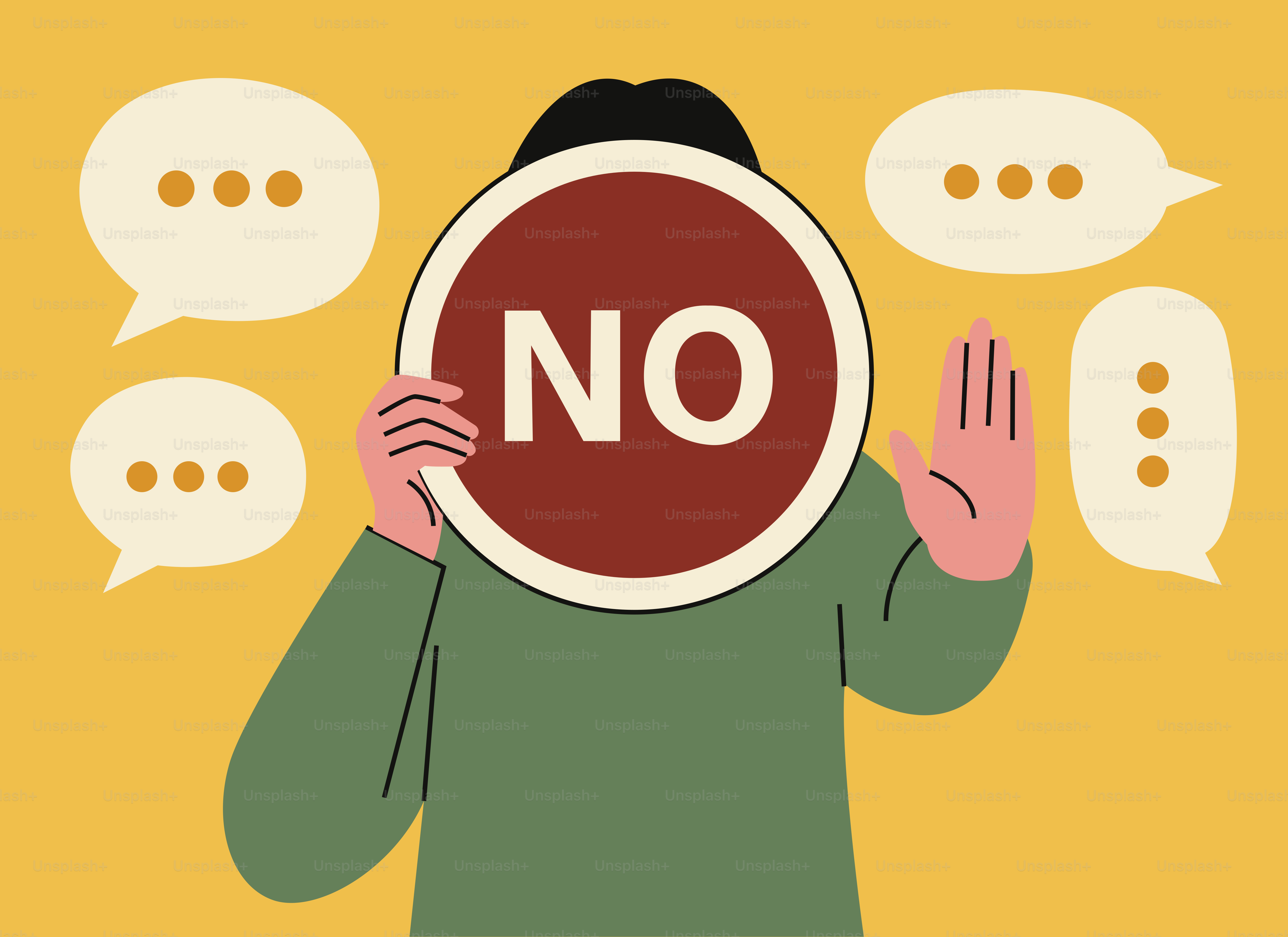 Person, die ein Schild mit 'Nein' und Sprechblasen hält.