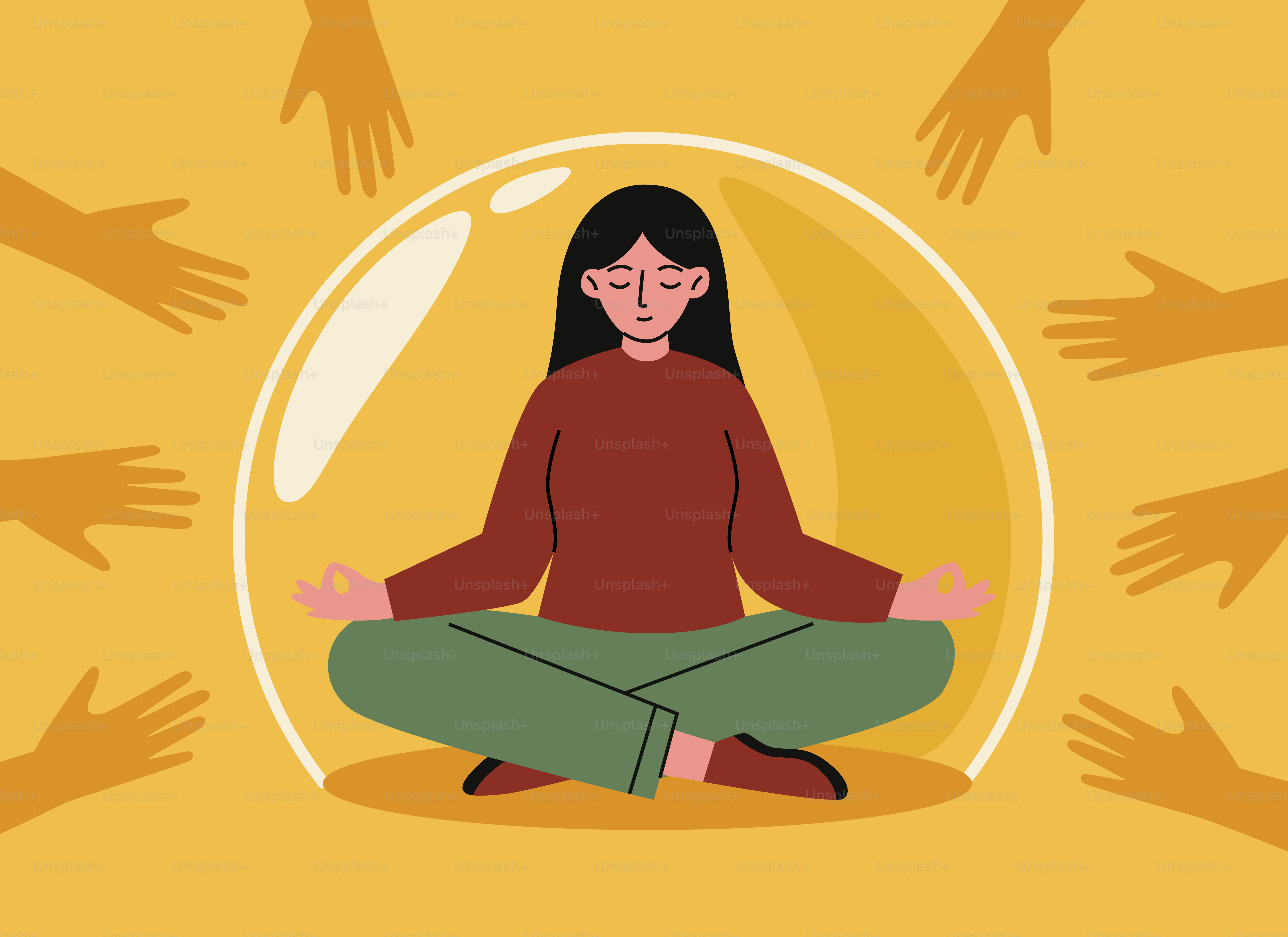 Wanita bermeditasi di dalam gelembung pelindung yang dikelilingi oleh tangan.