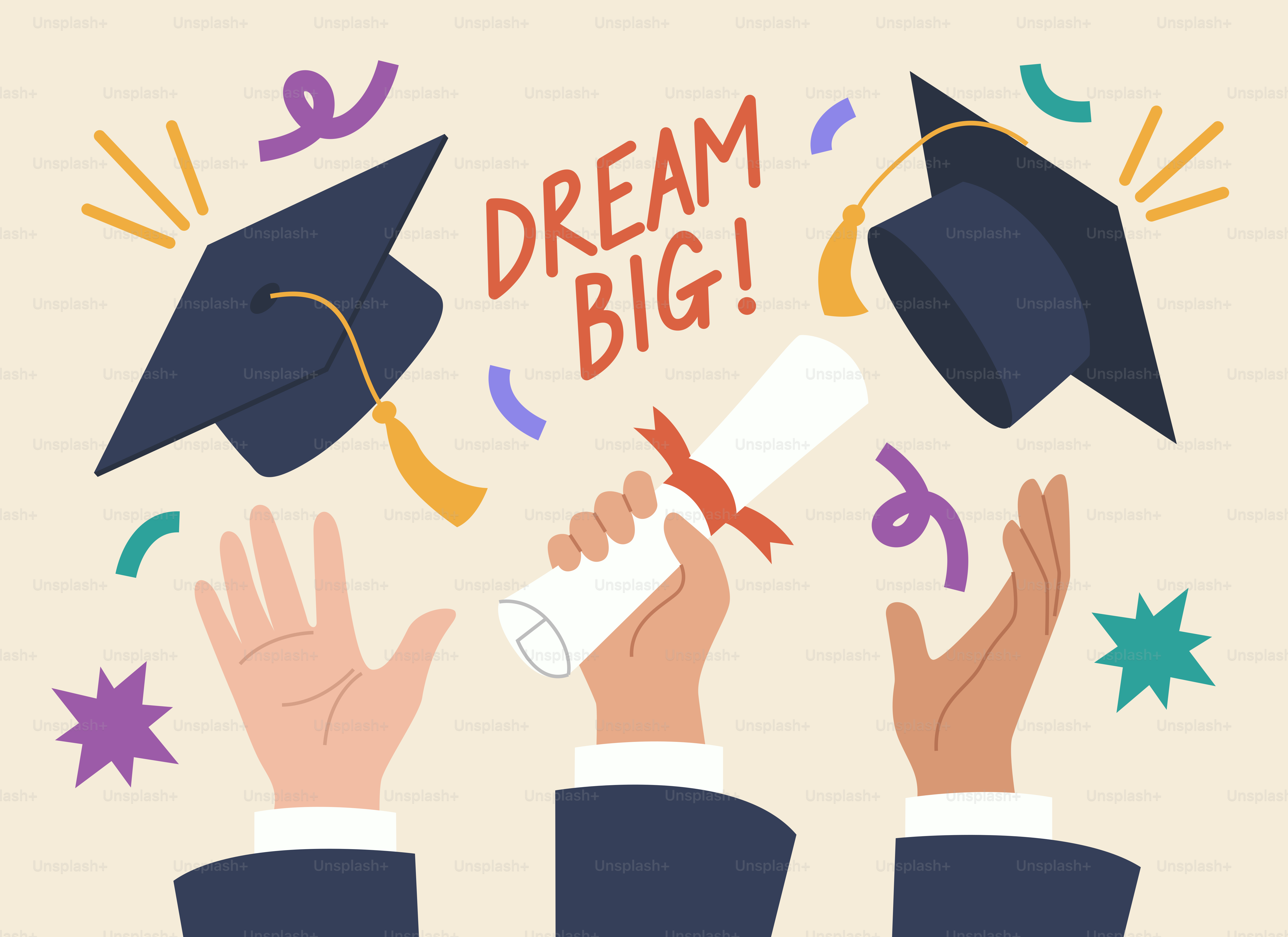 Cappellini di laurea e diplomi con coriandoli festivi.