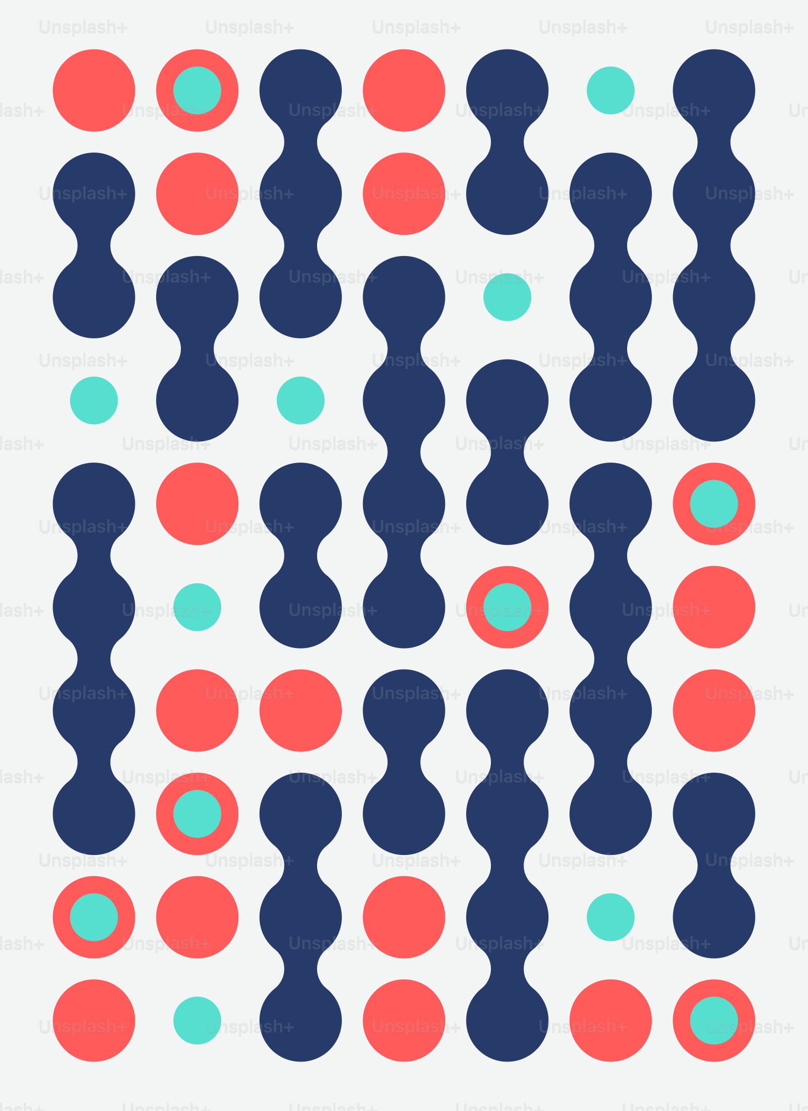 Padrão abstrato de círculos azul-marinho, coral e azul-petróleo.