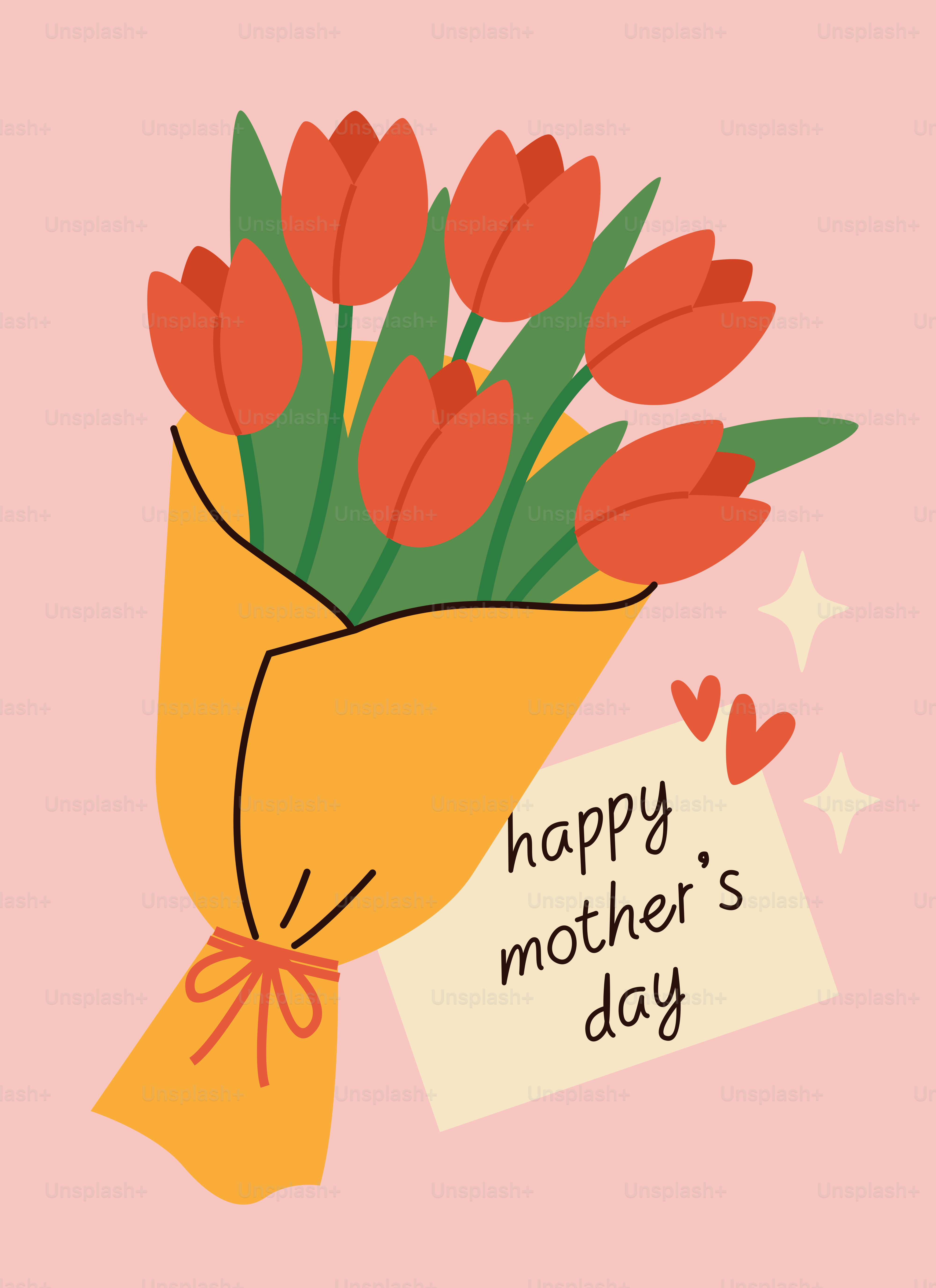 Mazzo di tulipani rossi con un biglietto per la festa della mamma