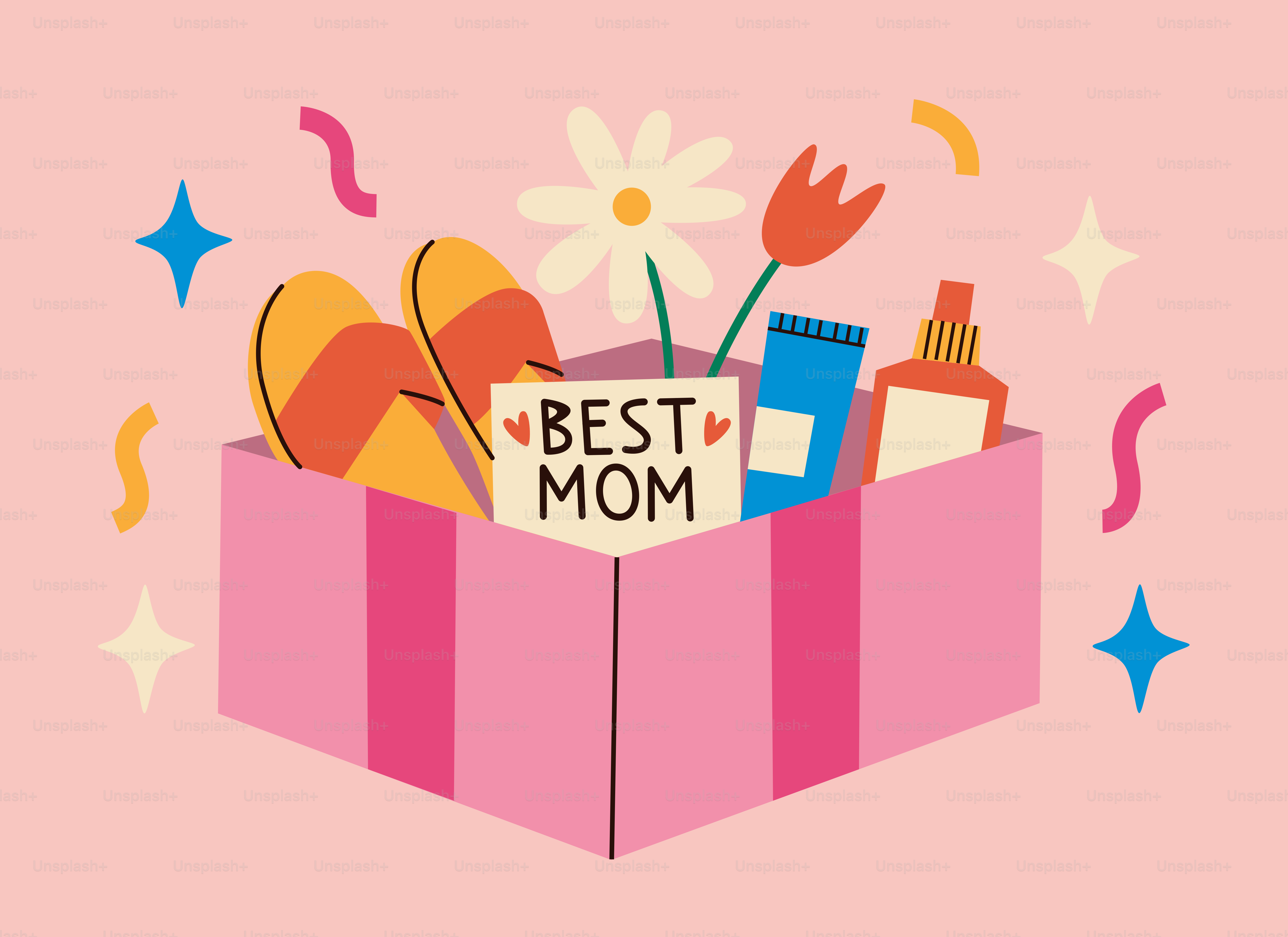 Scatola regalo con pantofole, fiori e prodotti di bellezza per la mamma.