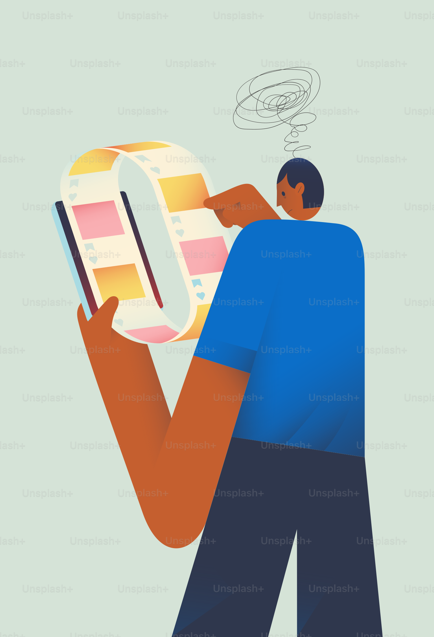 困惑した表情でソーシャルメディアのフィードをスクロールしている男性