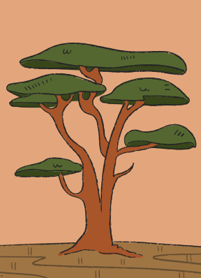A cartoon-style tree with flat green leaves.