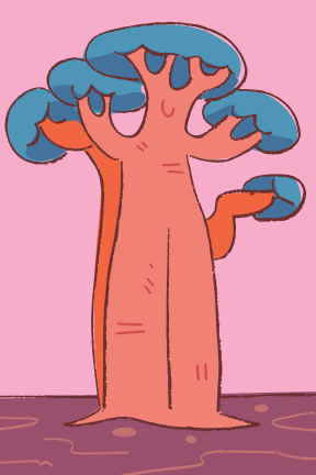 Cartoon tree with pink trunk and blue leaves