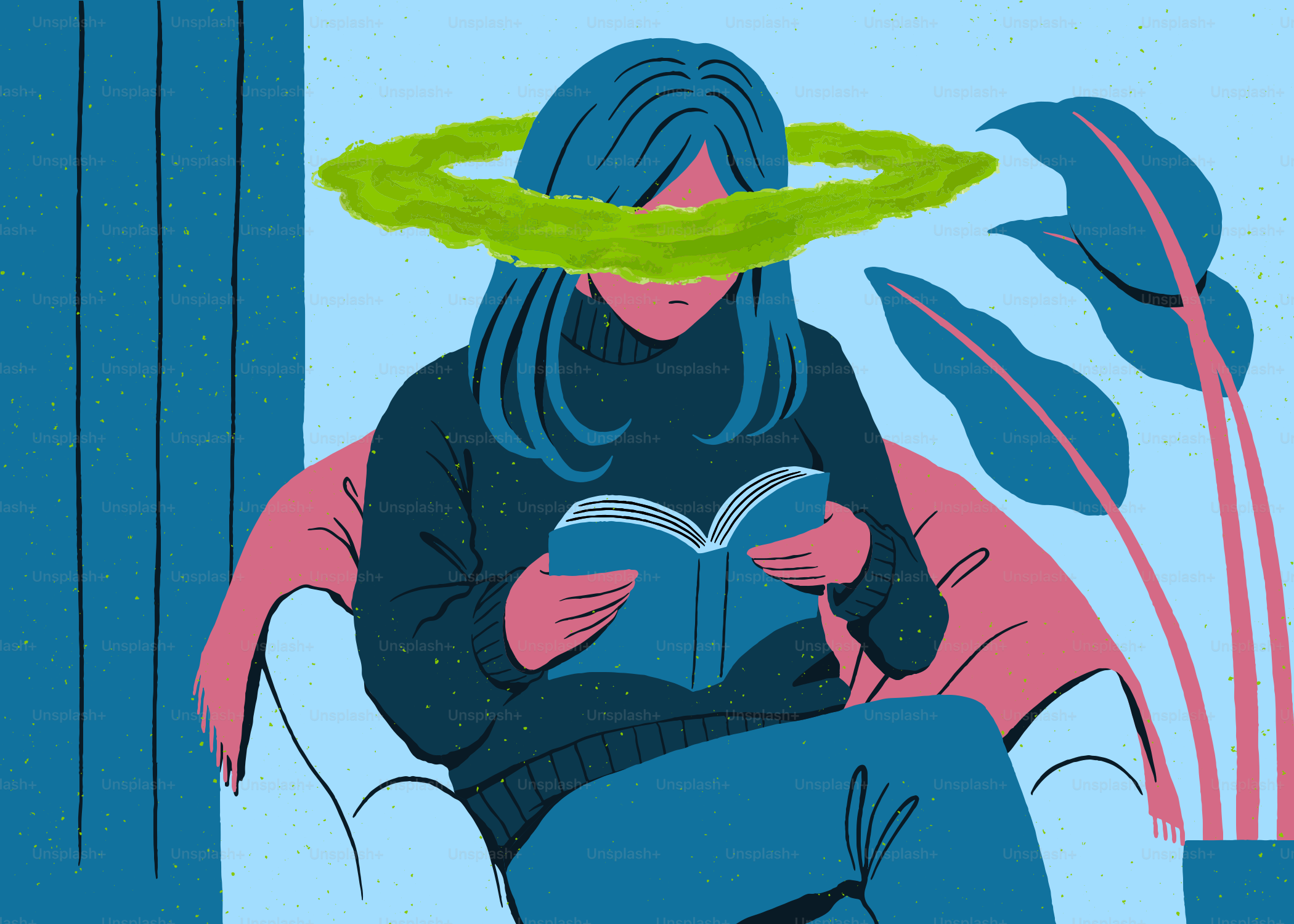 Donna che legge un libro con fumo verde intorno alla testa