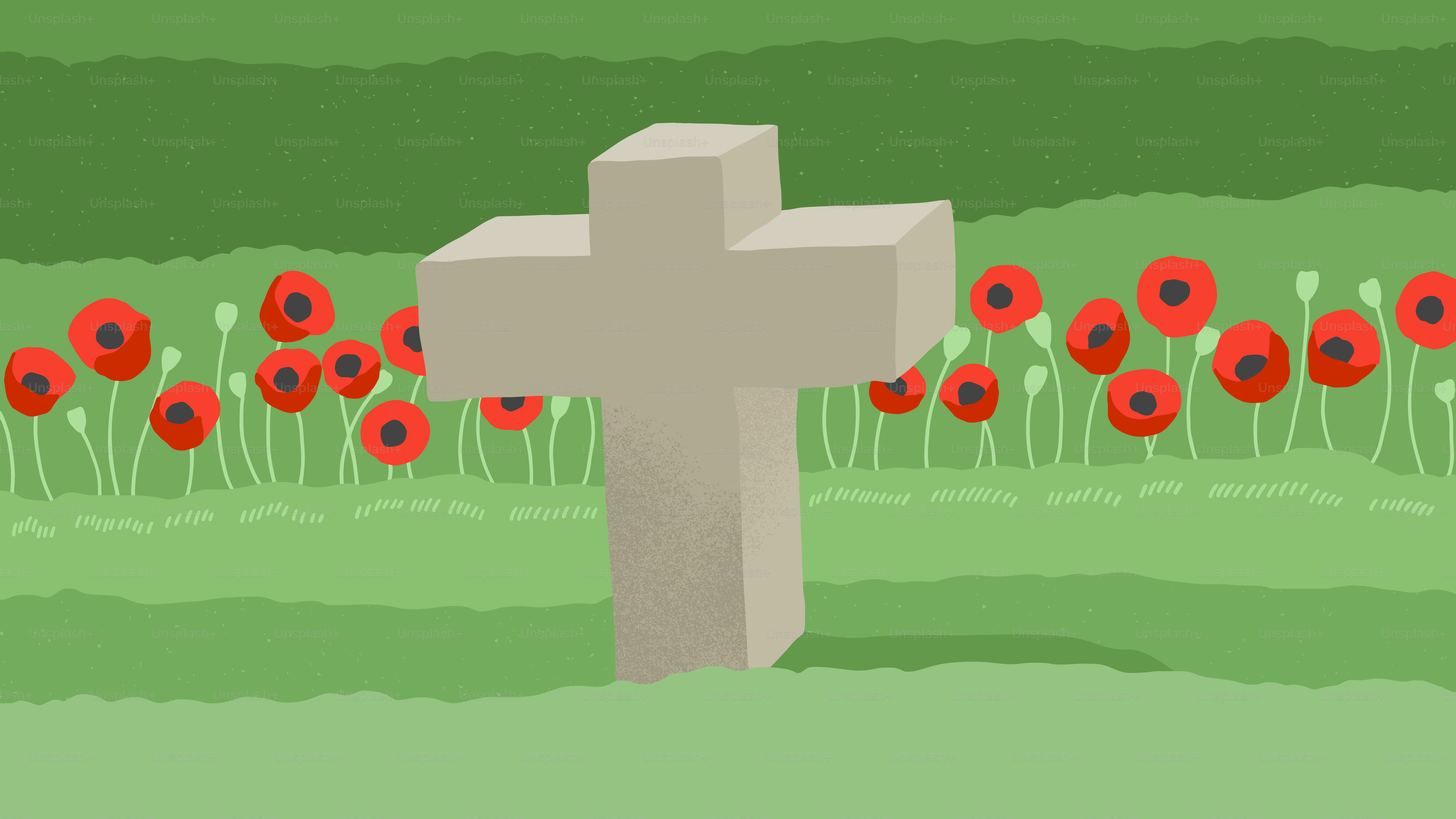 A stone cross stands in a field of poppies.