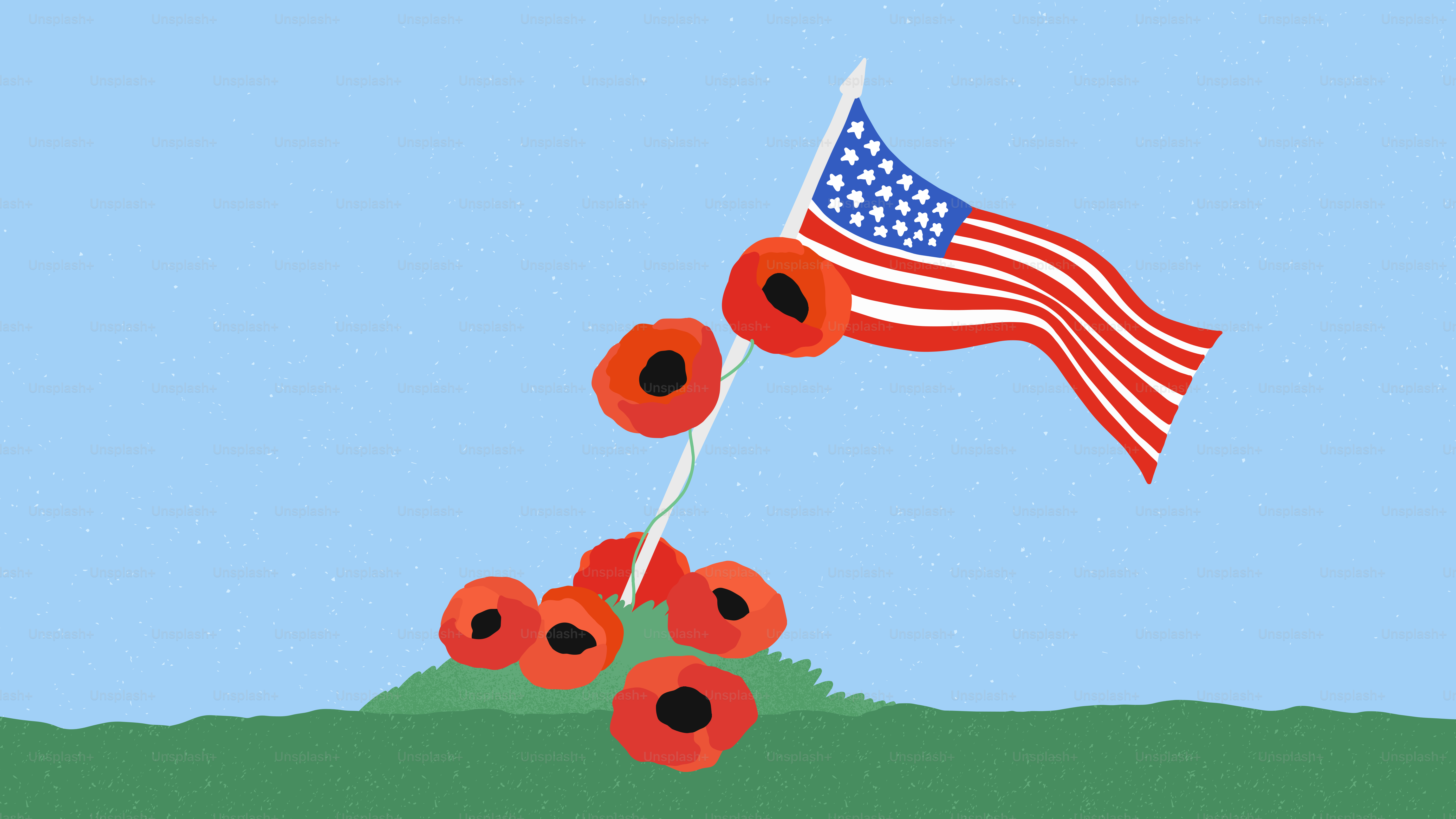 American flag with poppies on a grassy hill.