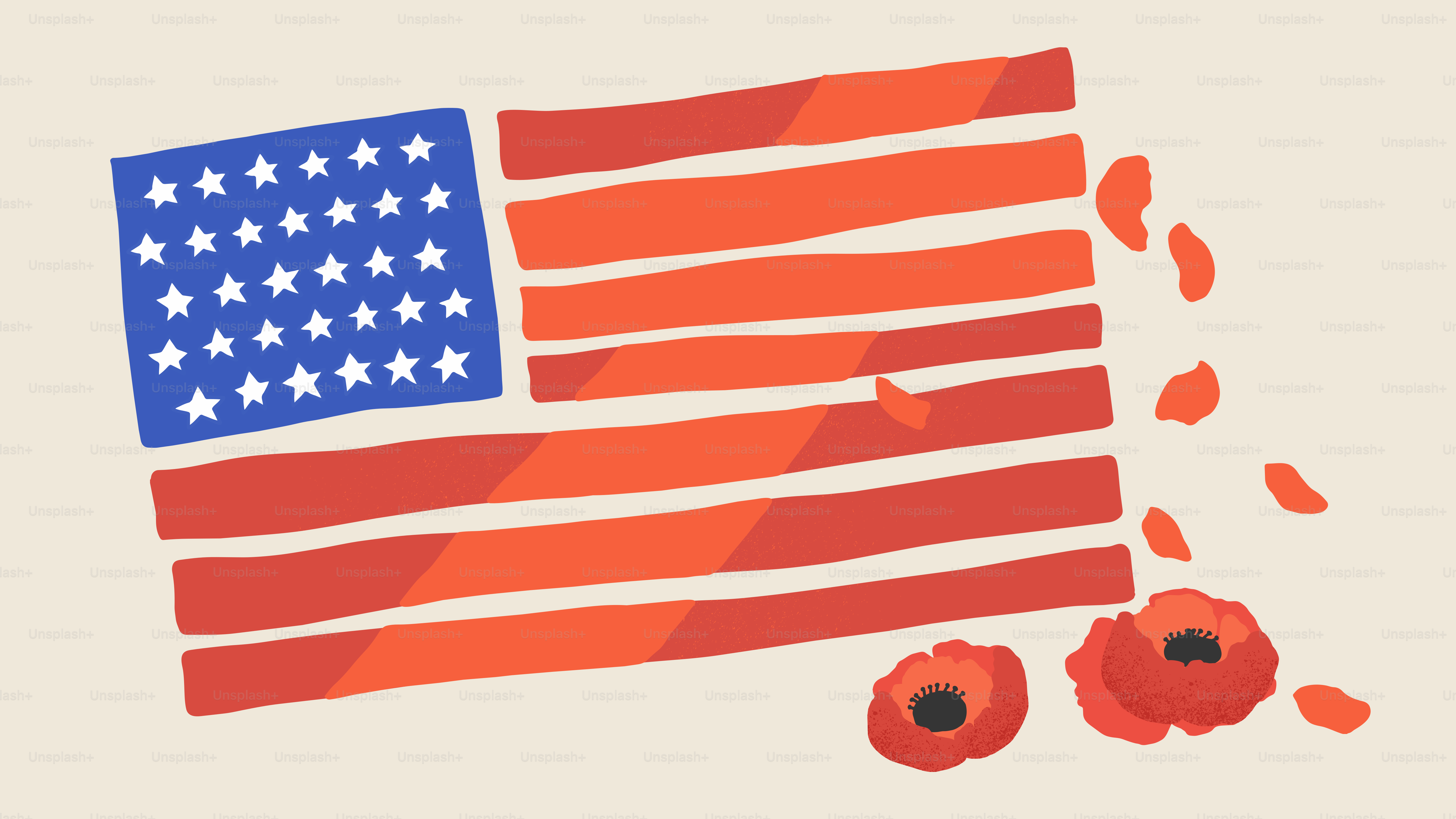 American flag with poppies and fallen petals