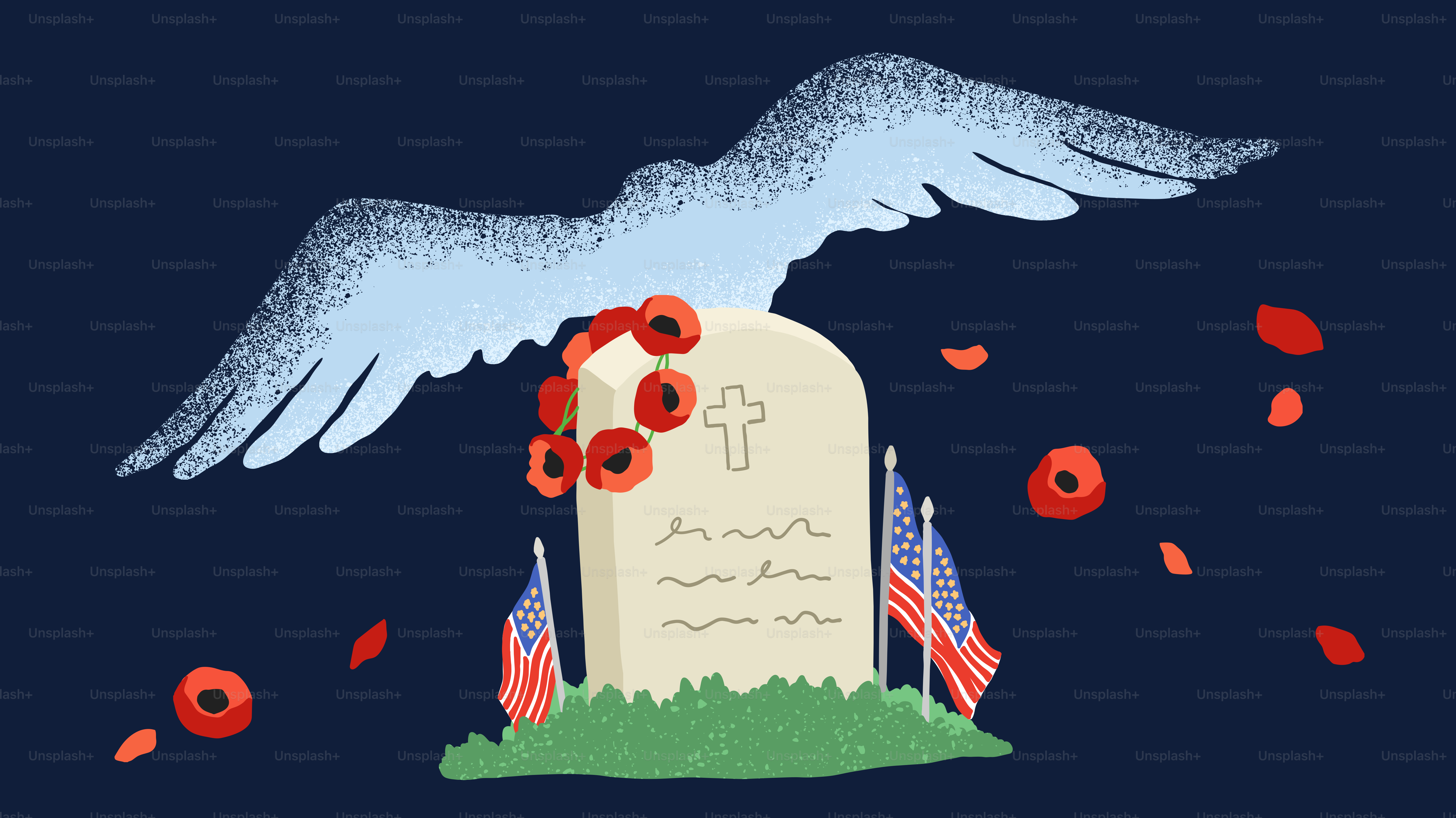 Lapide con papaveri, bandiere e tortora