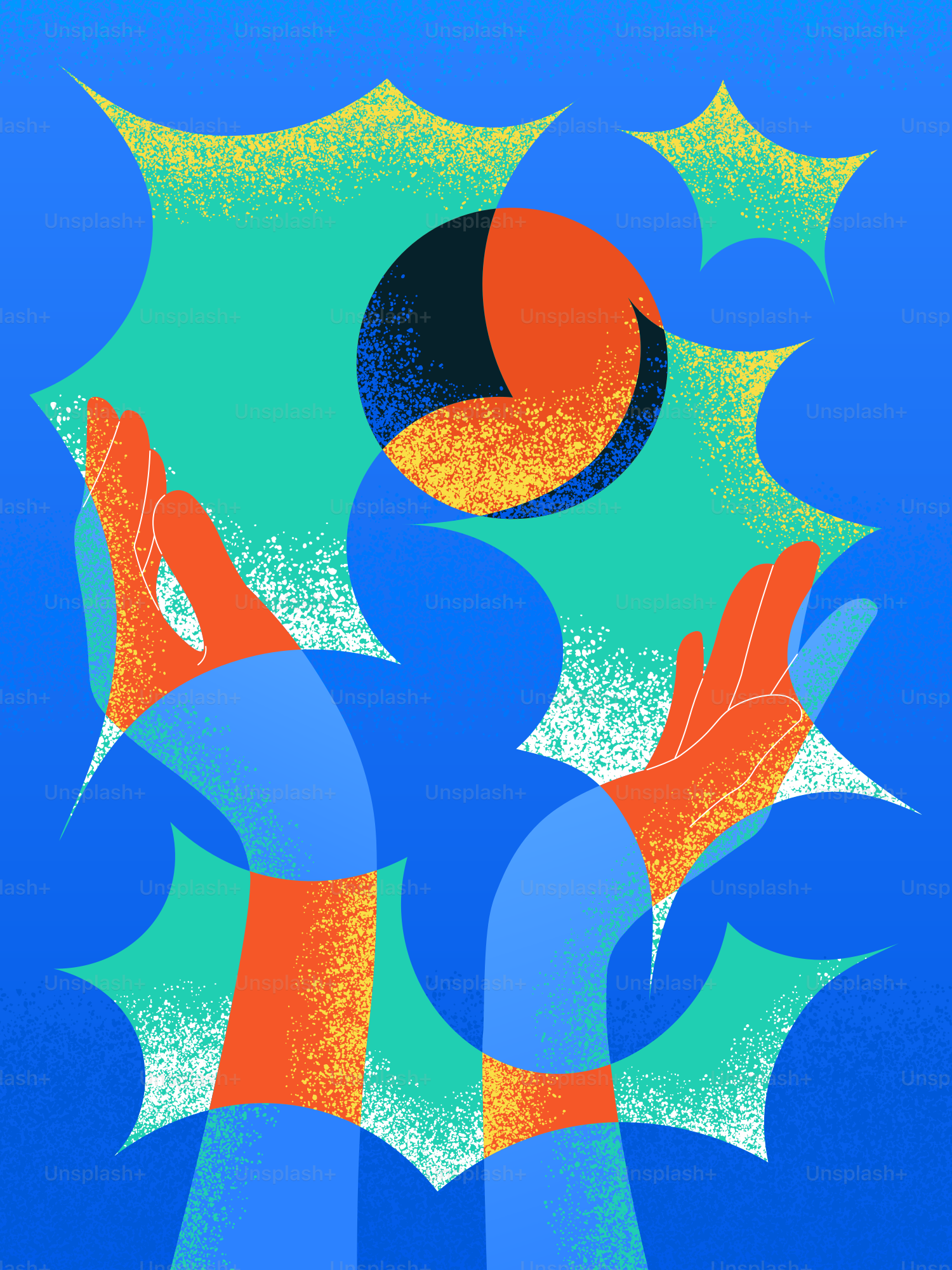 Mãos alcançando uma bola colorida com fundo azul