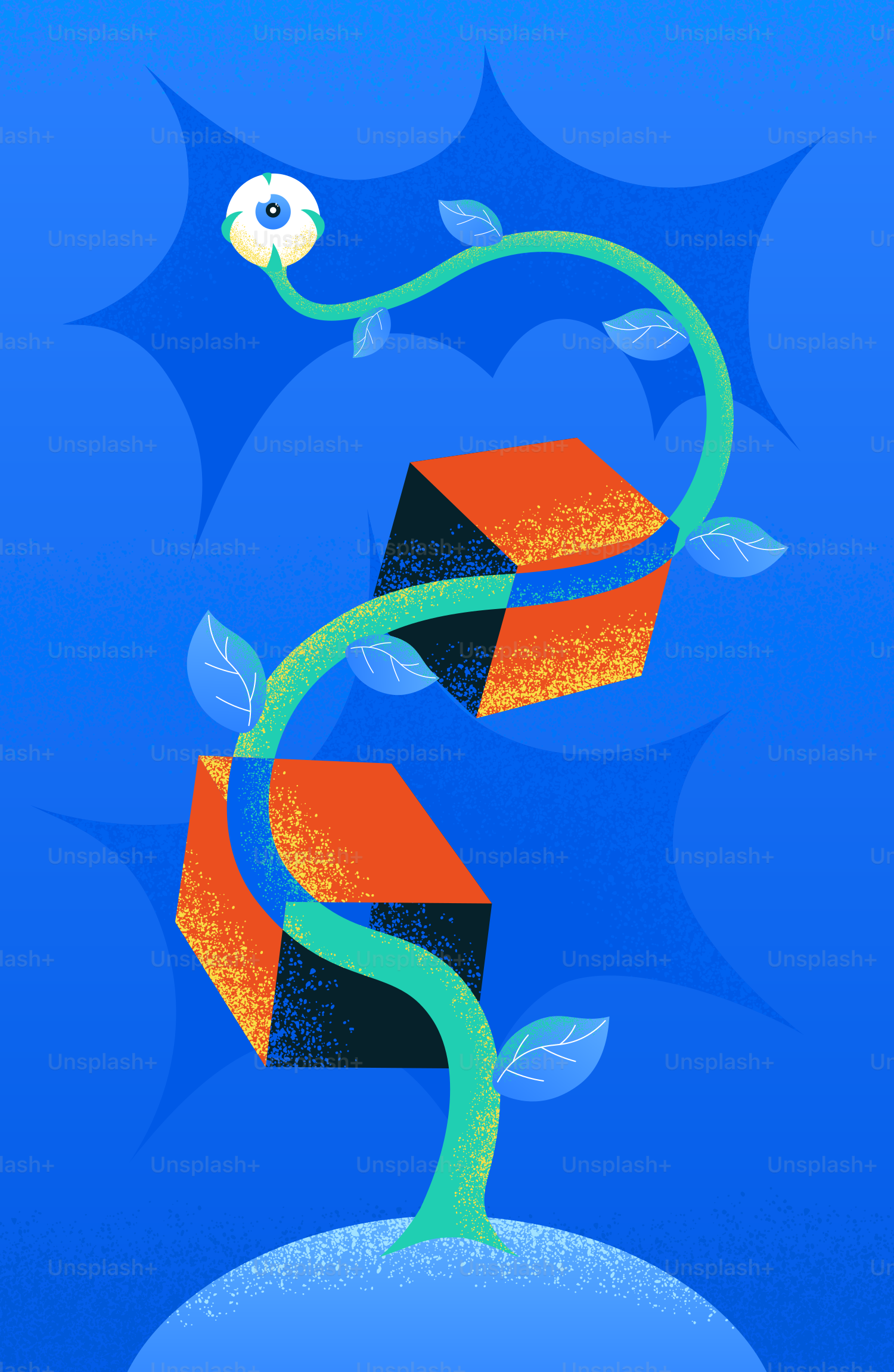 Uma planta com olho cresce ao redor de formas geométricas.