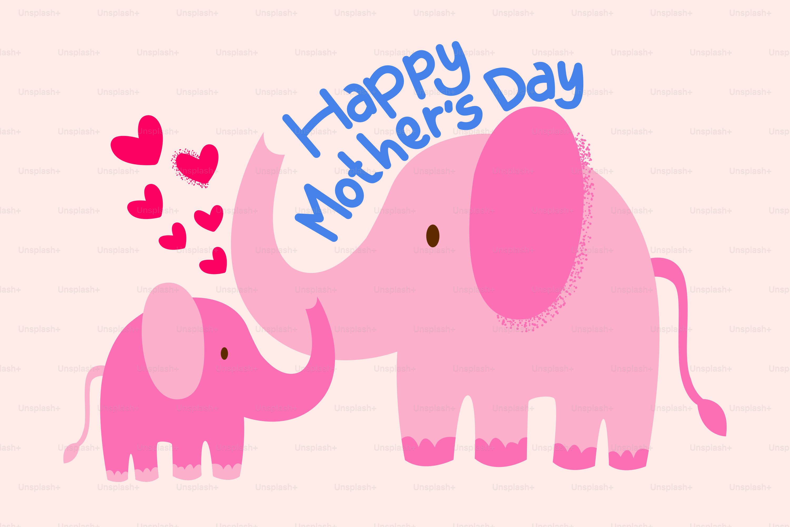 Deux éléphants roses avec des cœurs, bonne fête des mères.