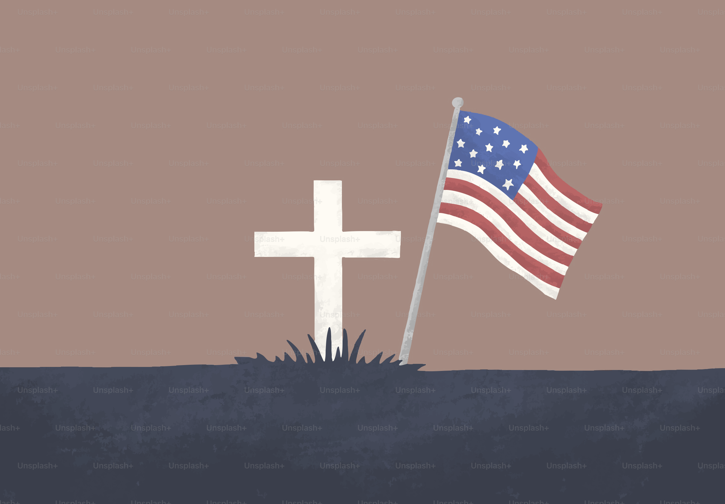 A white cross and american flag on a grave.