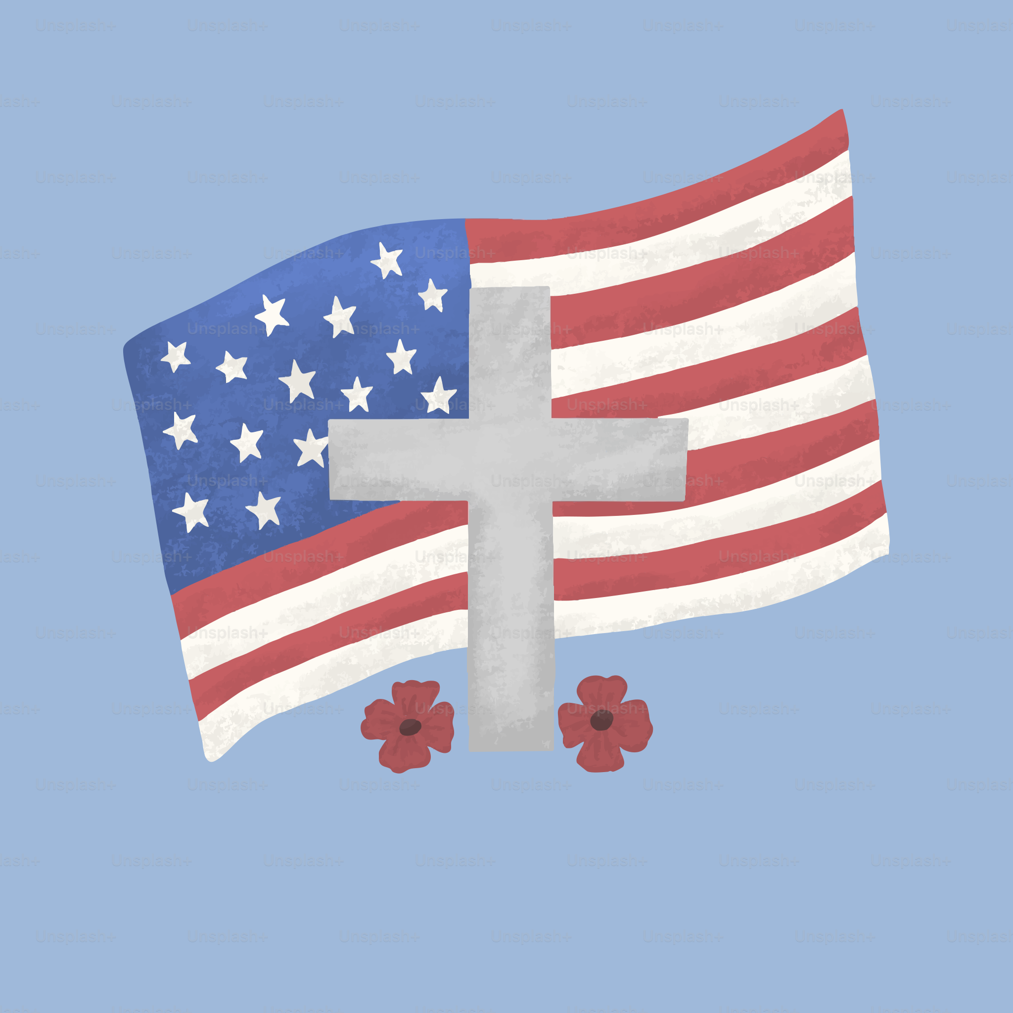 American flag with cross and poppies