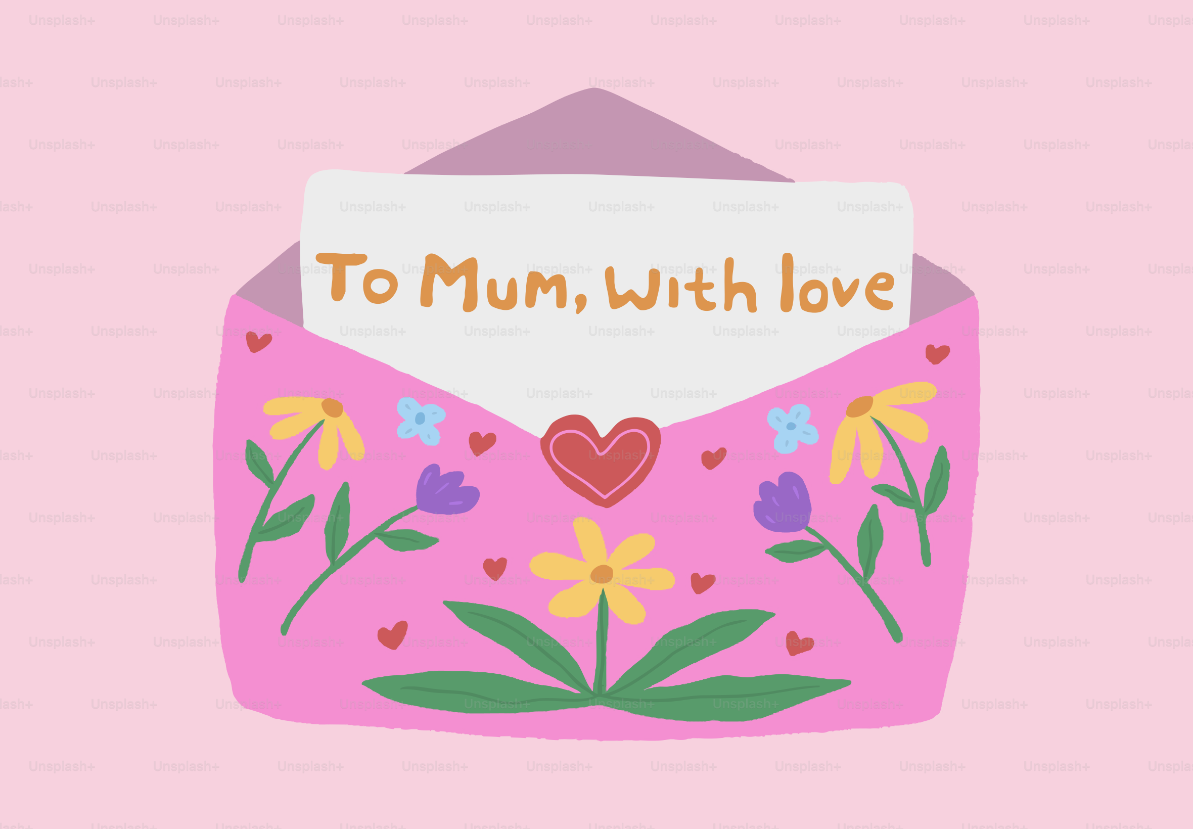 Rosa Umschlag mit Blumen und dem Text 'An Mama, mit Liebe'.