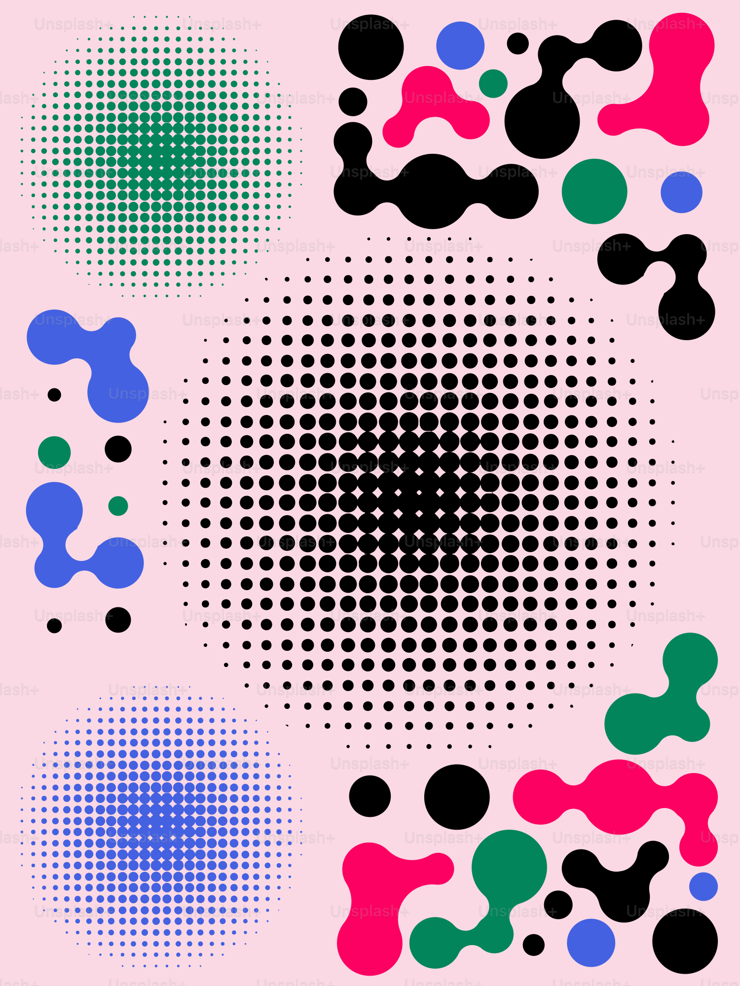 Forme astratte e puntini mezzotoni su sfondo rosa