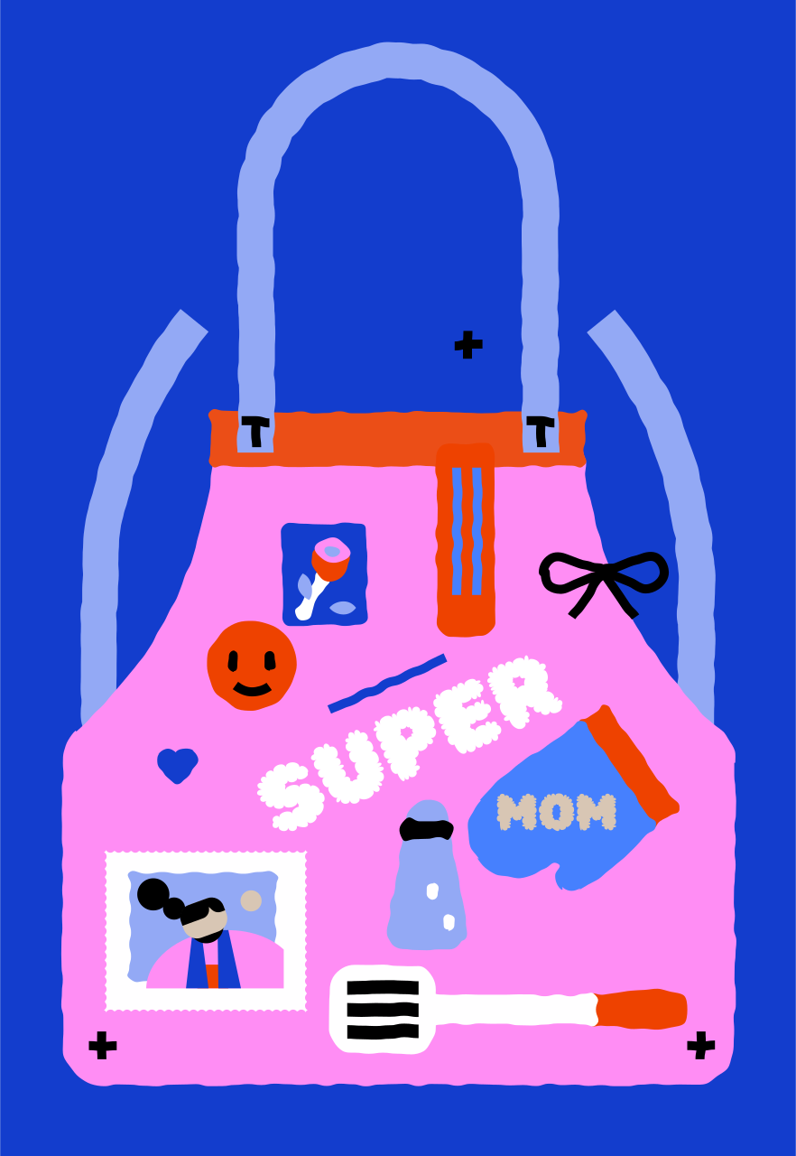 Grembiule rosa con "super mamma" e utensili da cucina.