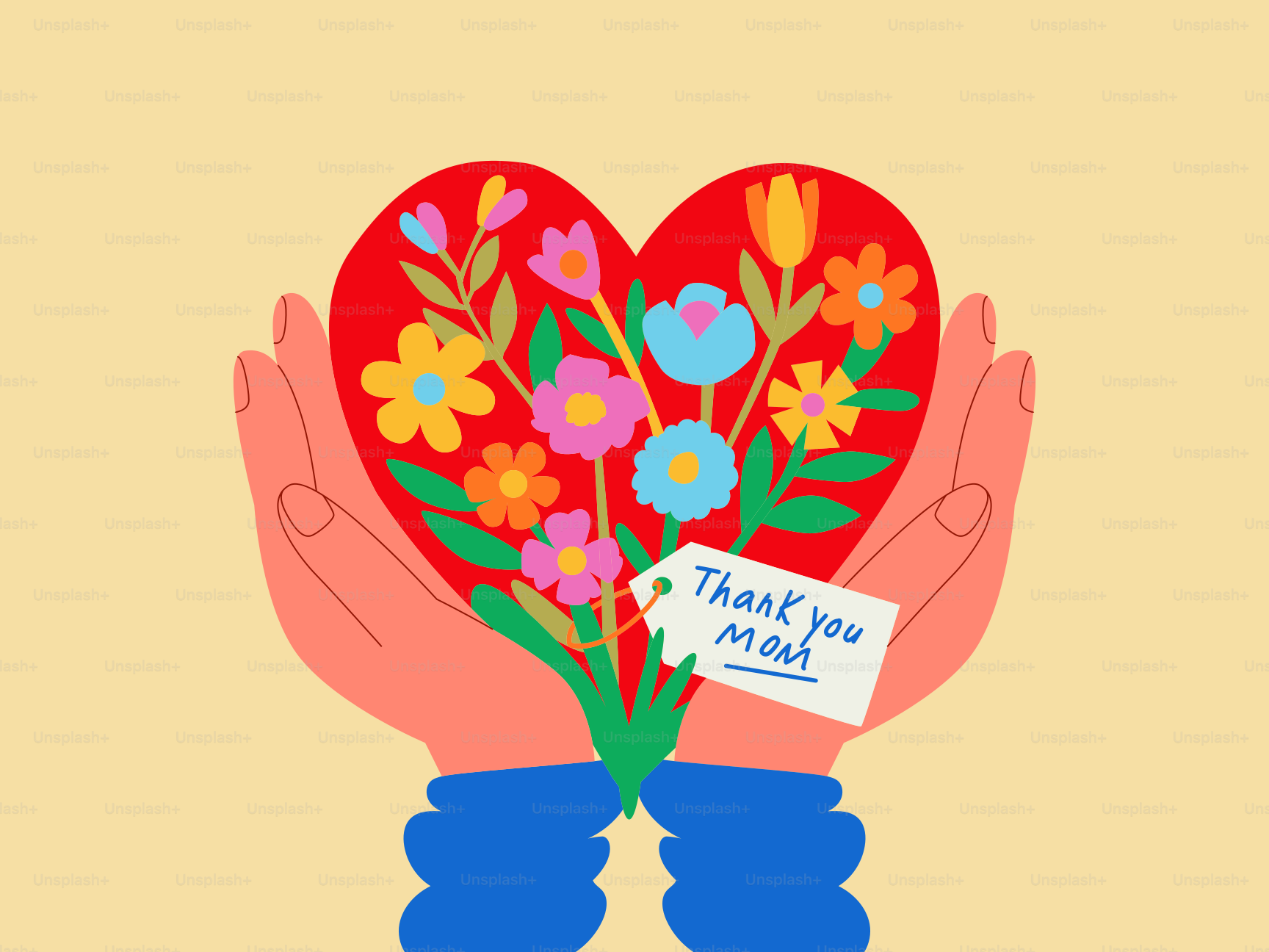 Manos sosteniendo un corazón con flores y una etiqueta de agradecimiento