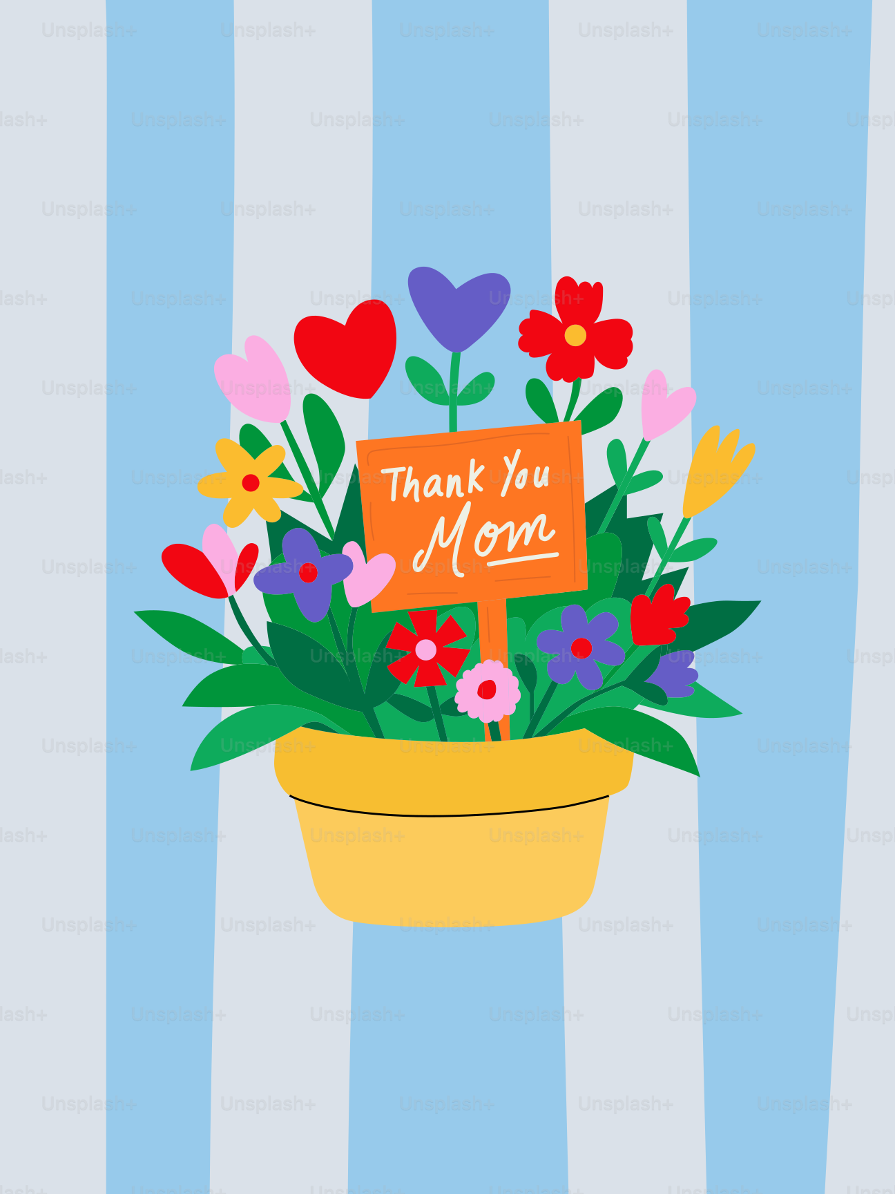 Flores coloridas en una maceta con un cartel de "gracias, mamá".