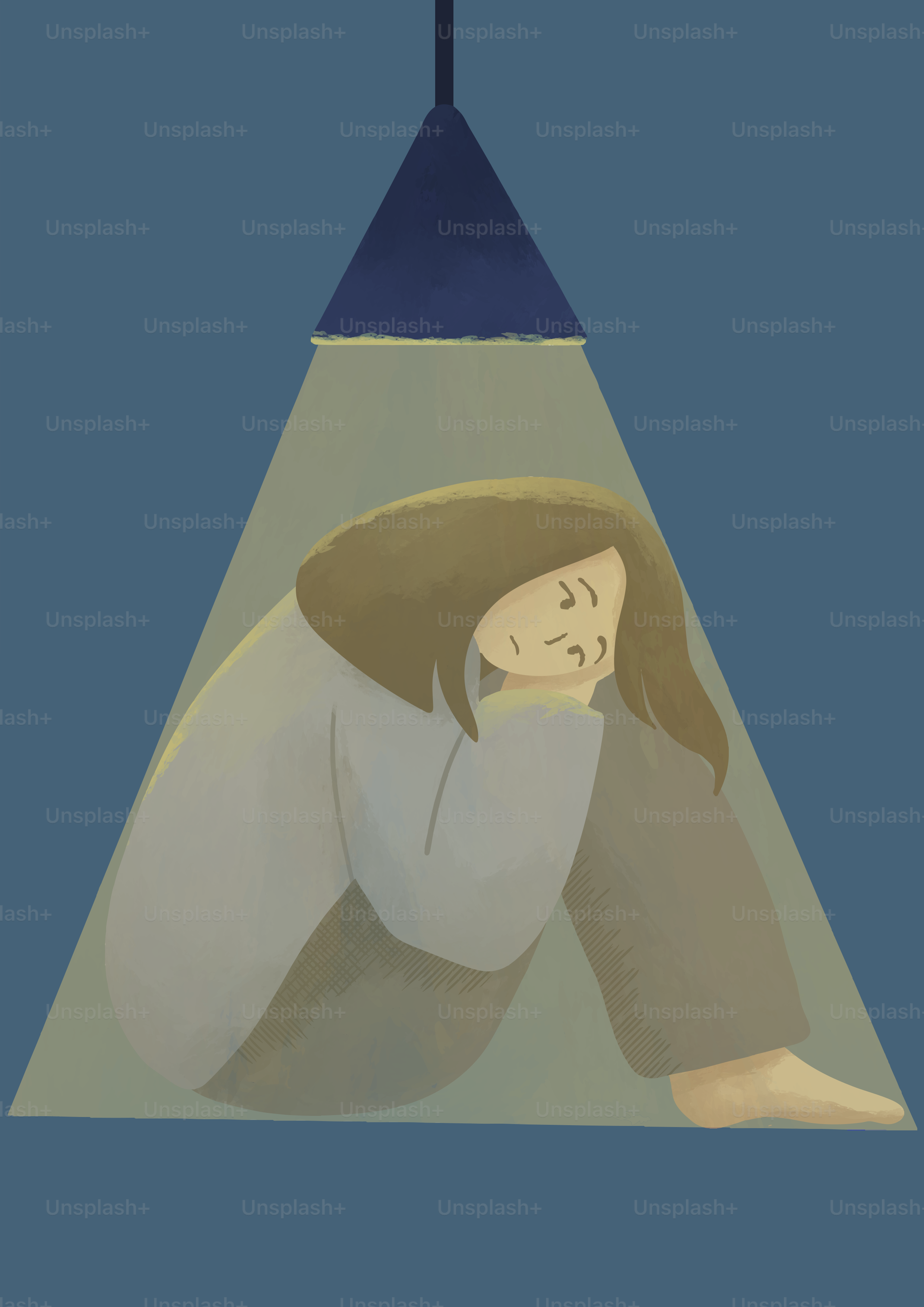 A person huddled under a spotlight.