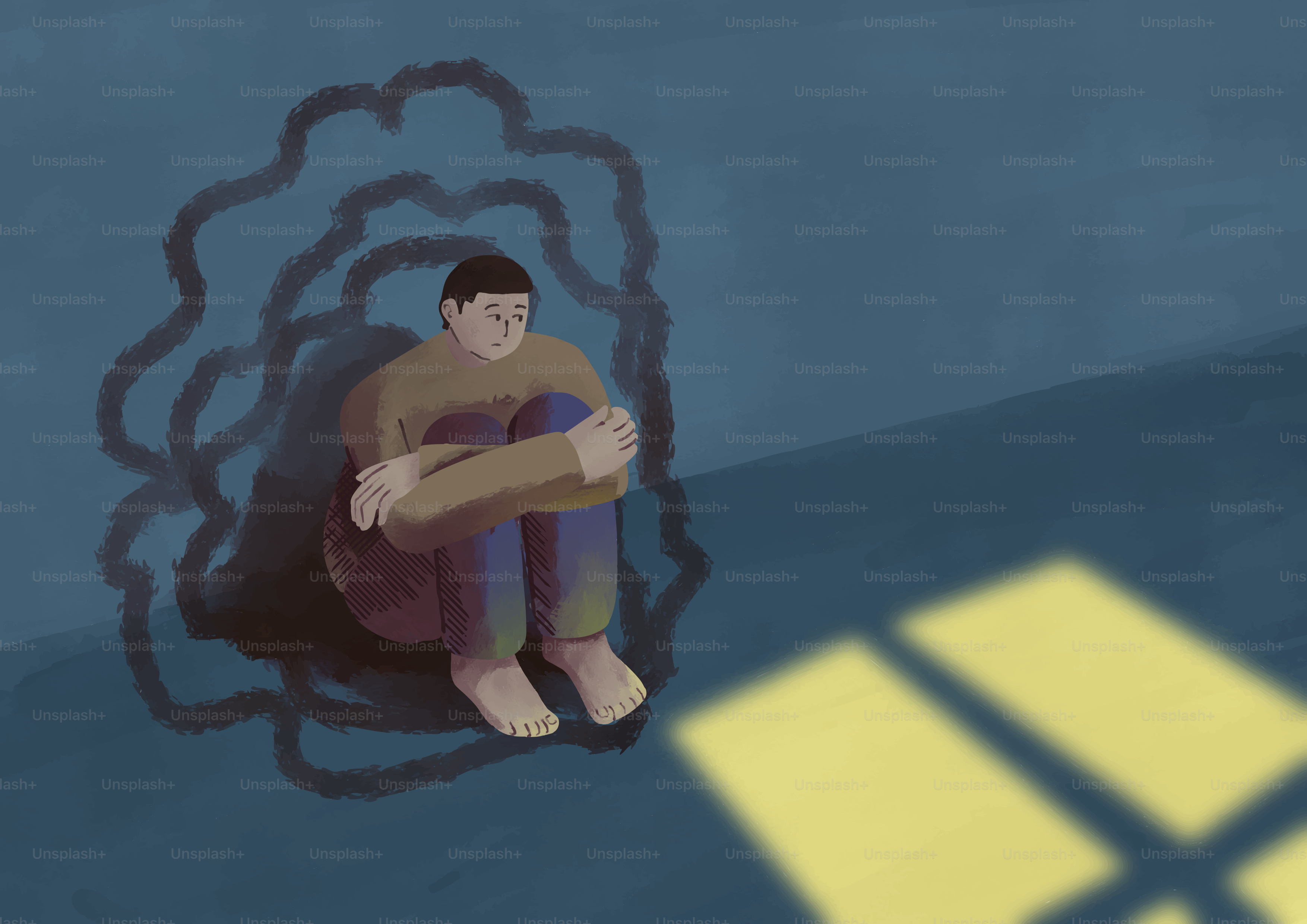 A person sits alone in a dark room with shadows.