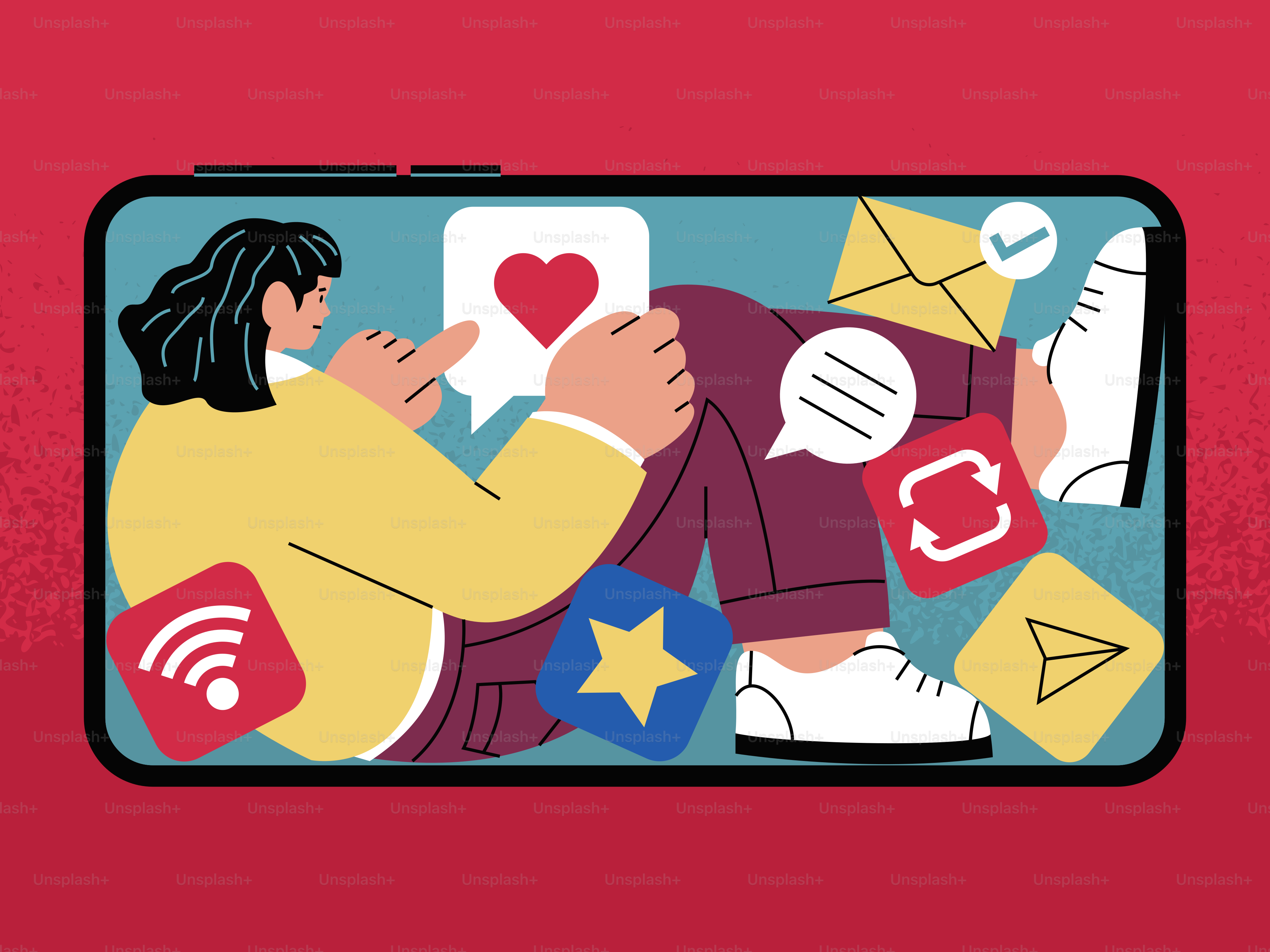 Personne entourée d’icônes des réseaux sociaux sur un écran de téléphone.
