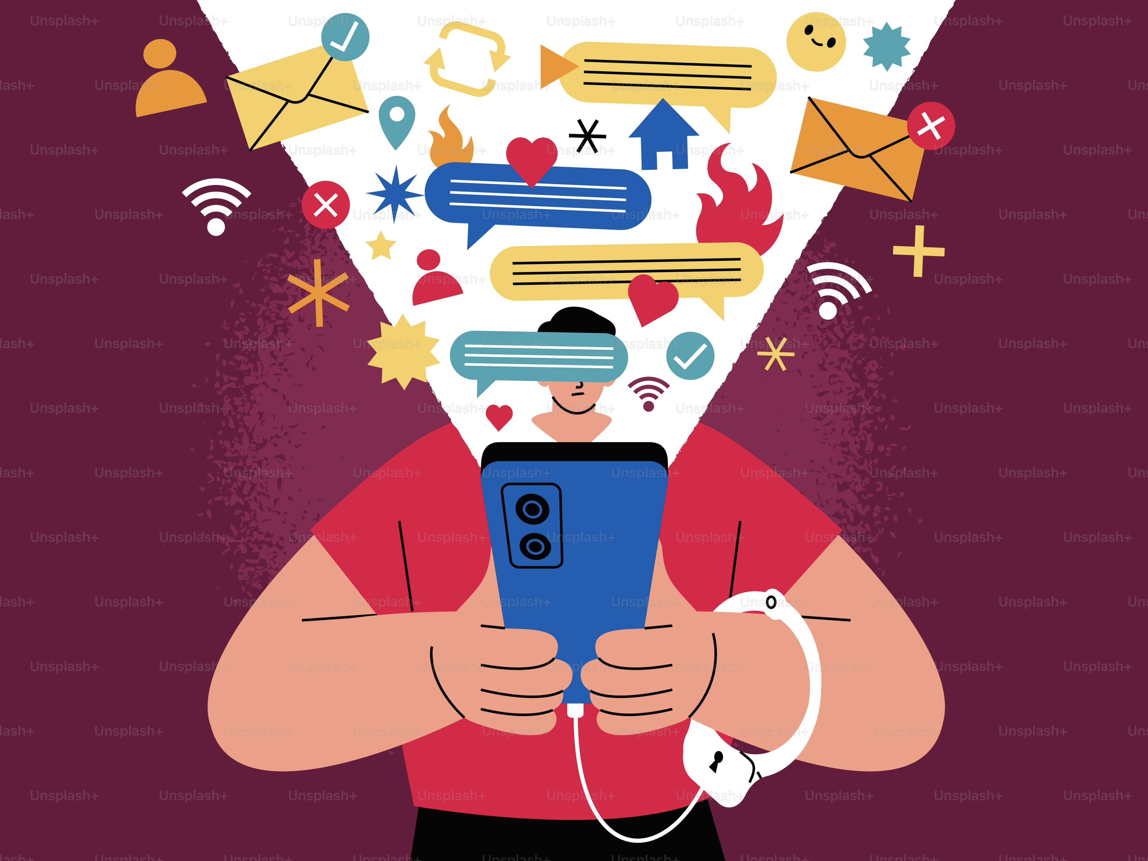 Person overwhelmed by social media notifications on phone. vector ...