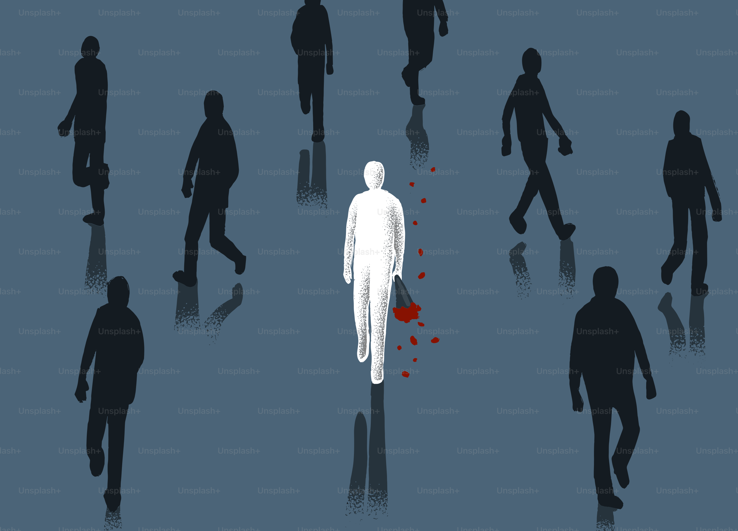 Une silhouette blanche se démarque parmi des silhouettes sombres.