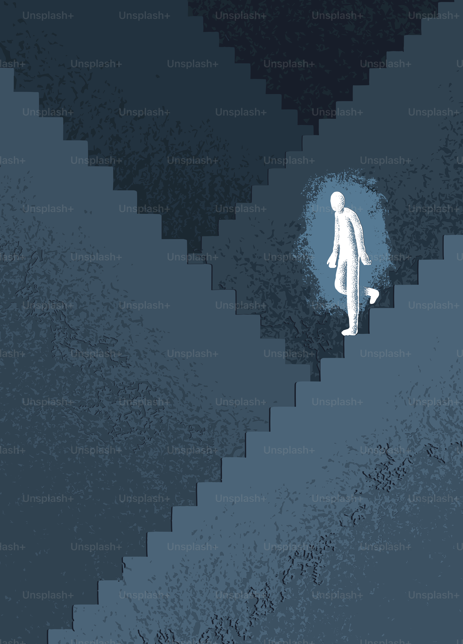 Una figura solitaria baja unas escaleras oscuras y abstractas.