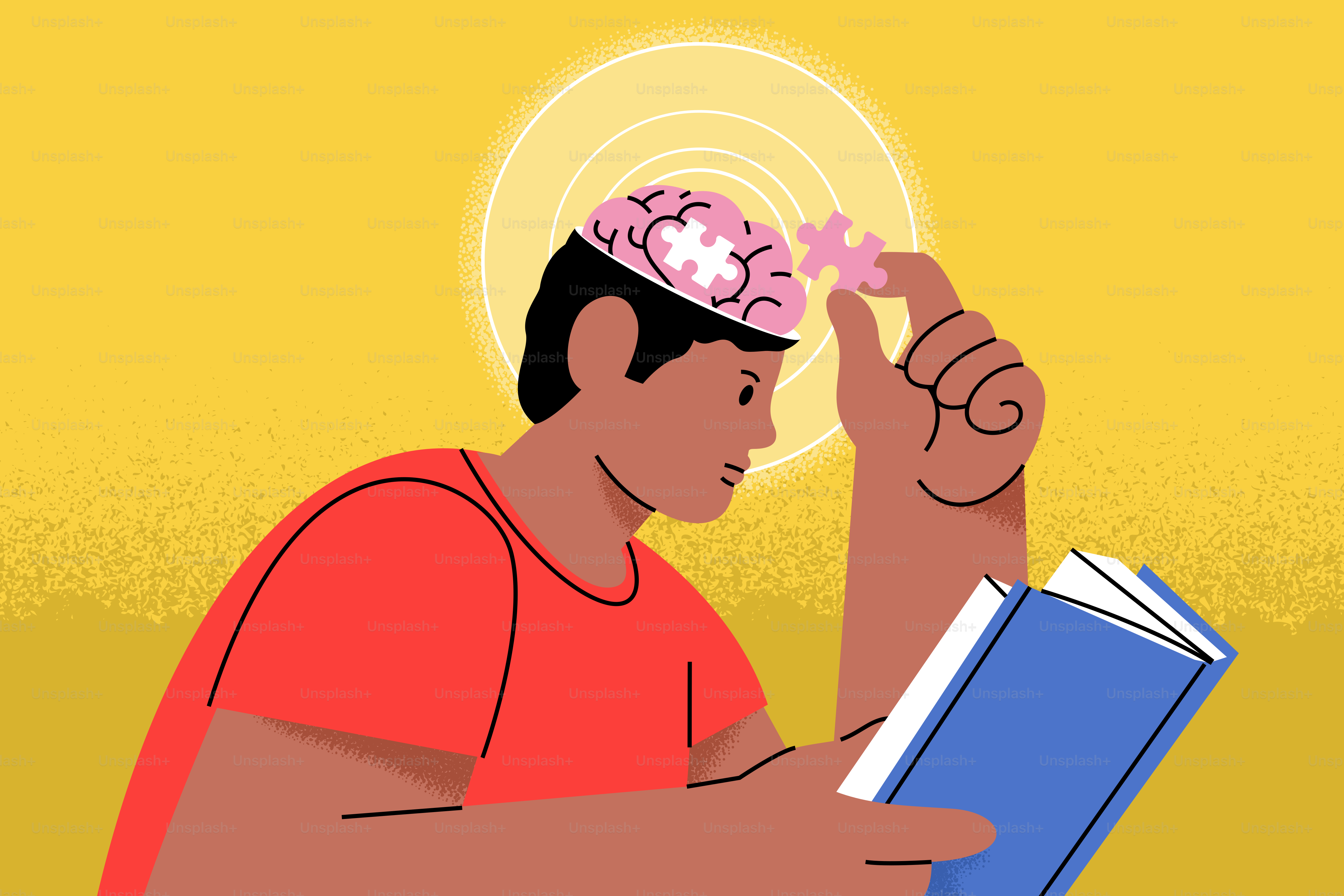 Man reading book, placing puzzle piece in brain.