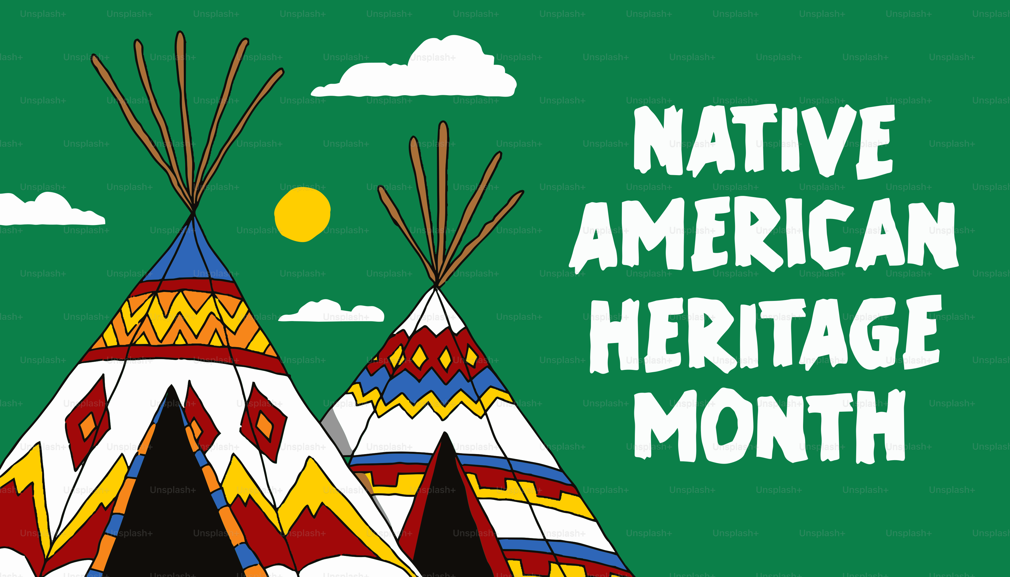 Native american heritage month with teepees and sun