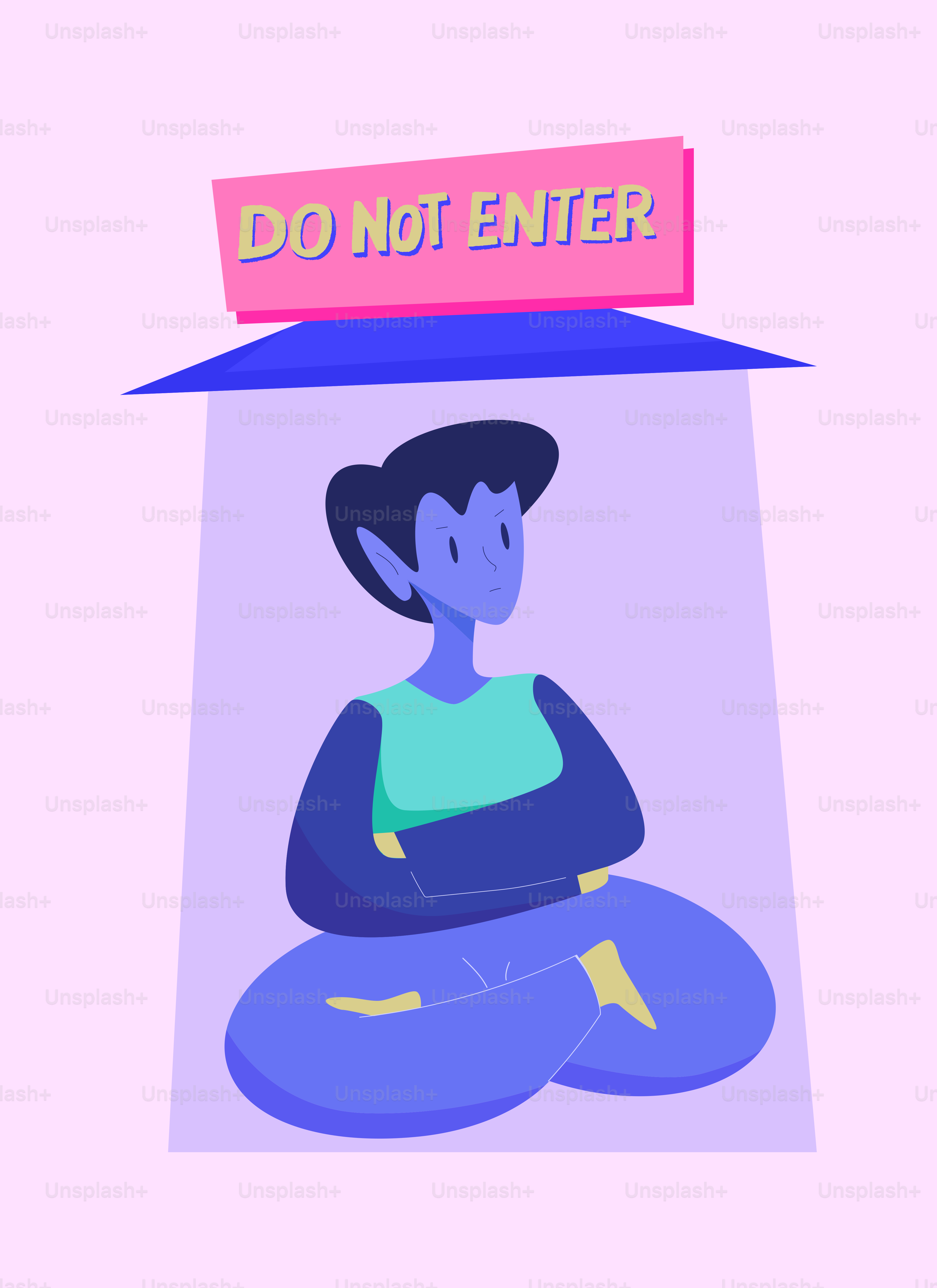 Person sits under a 'do not enter' sign.
