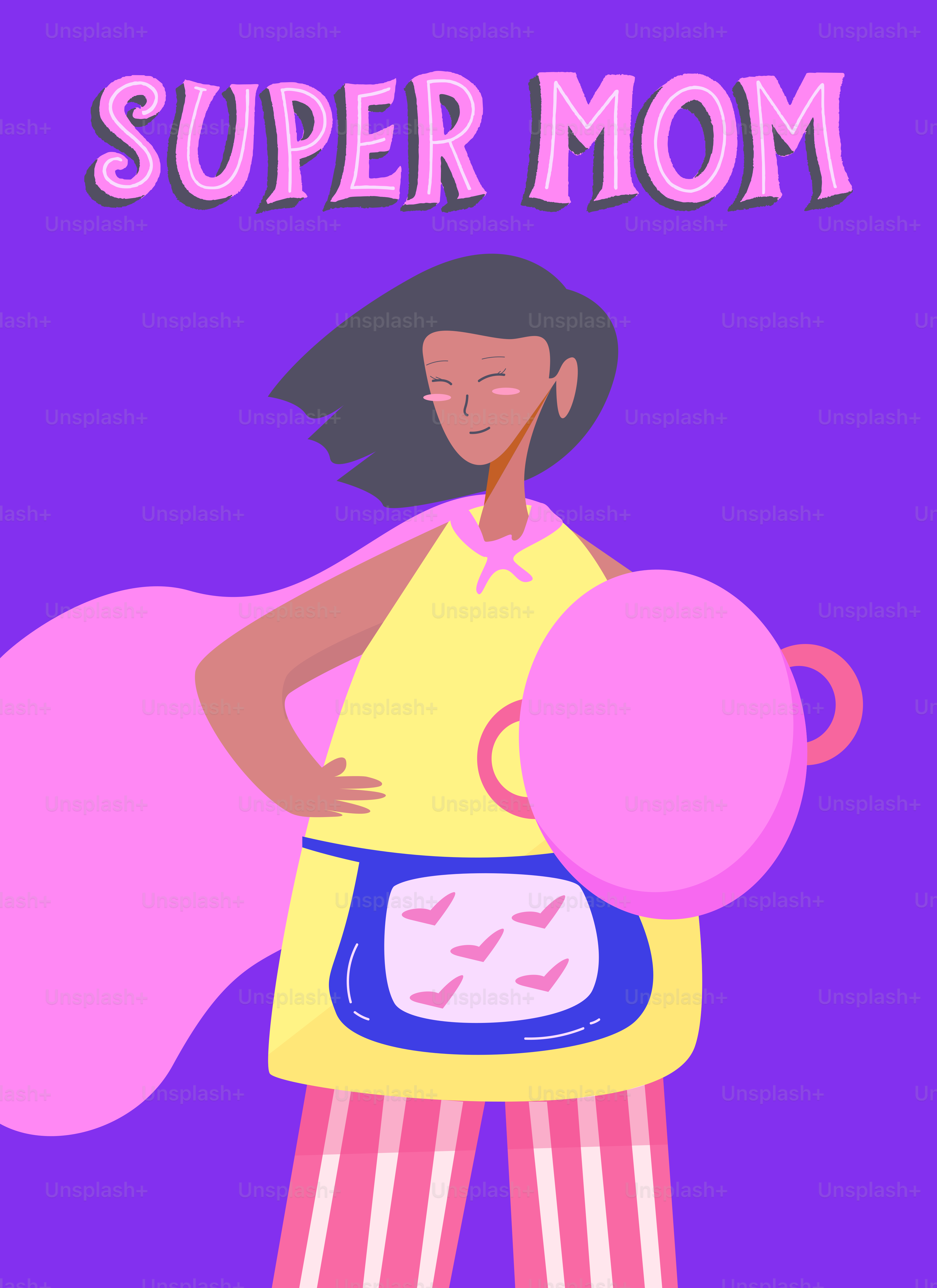 Super mom in apron with pink cape holding pot