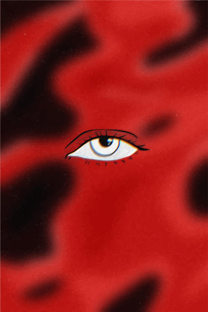 Un occhio unico su uno sfondo astratto rosso e nero