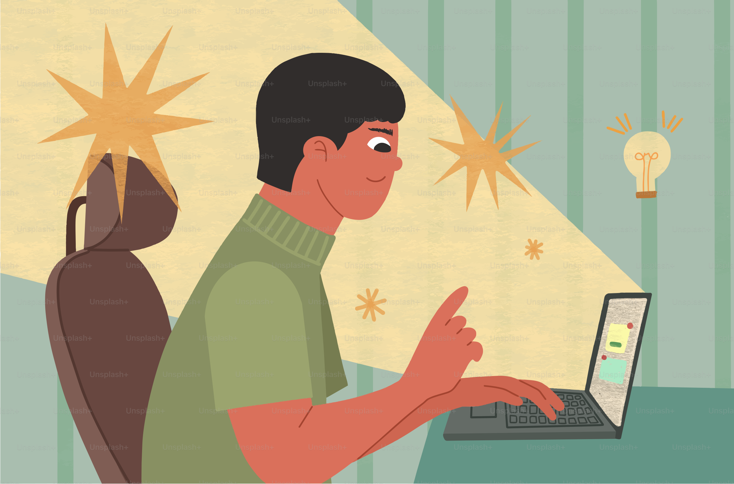 明るいアイデアを持つ男性がノートパソコンで作業しています