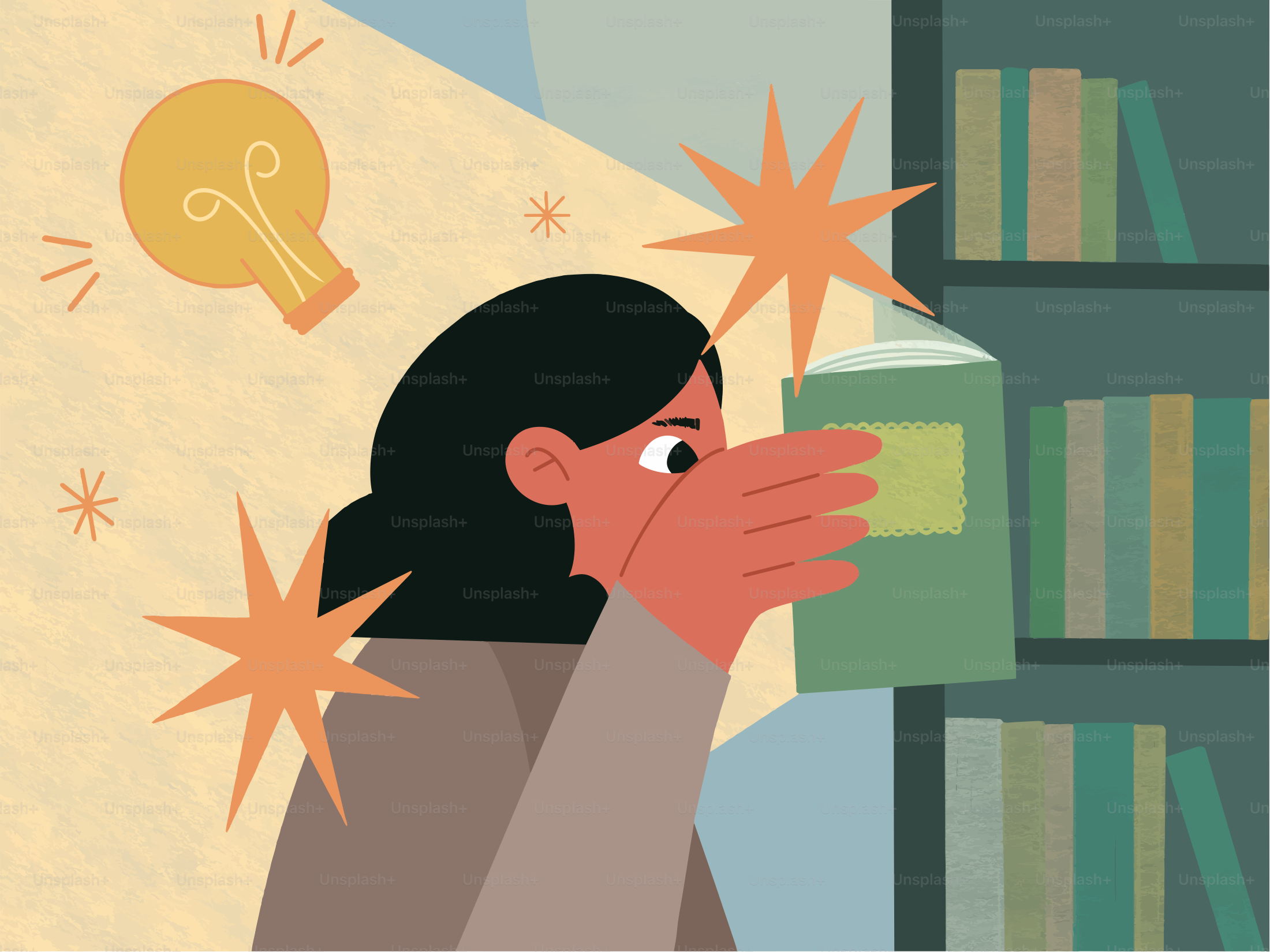 女性が明るいアイデアを持って本を読む