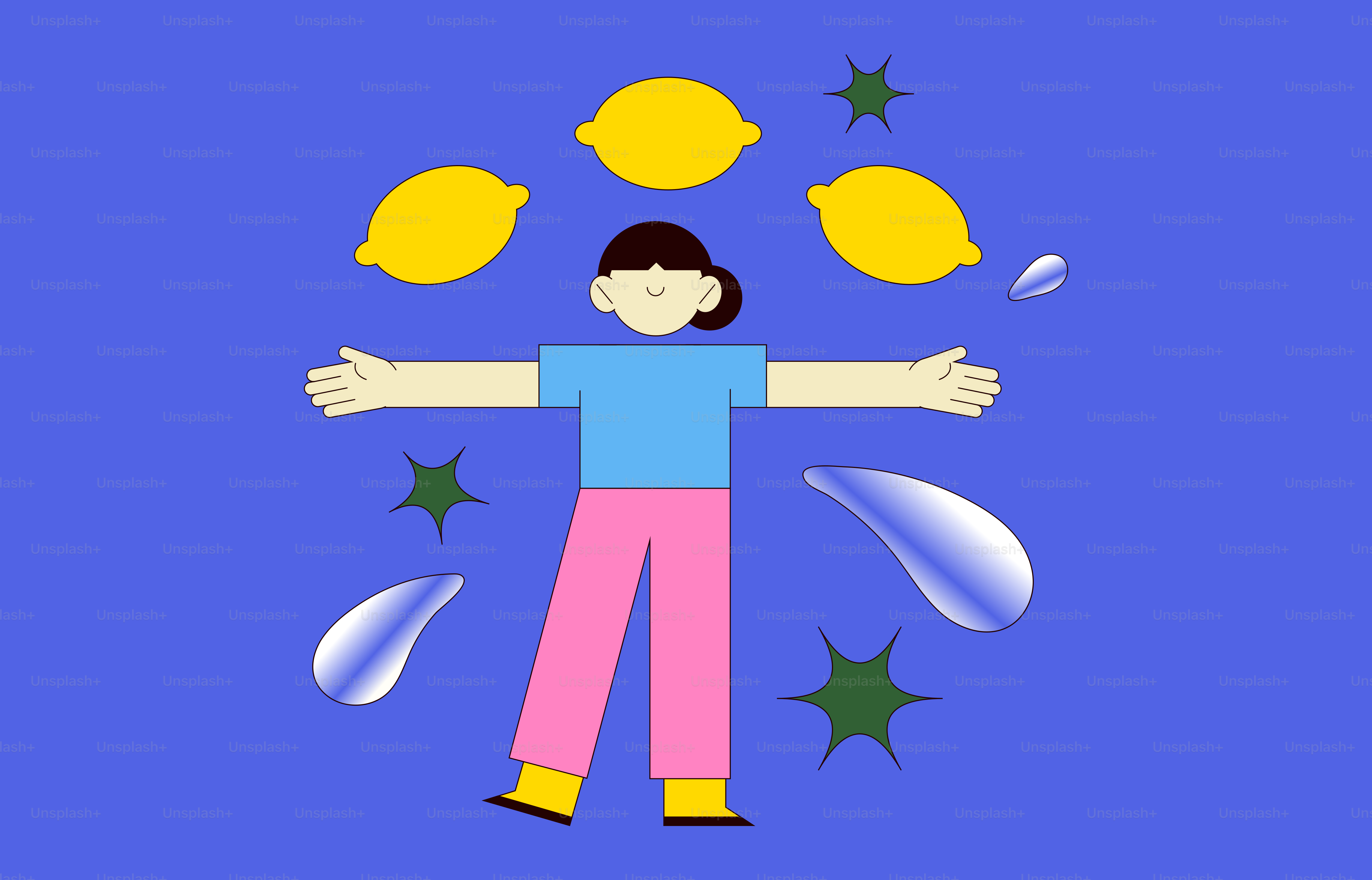 Person juggling lemons with water splashes and stars.