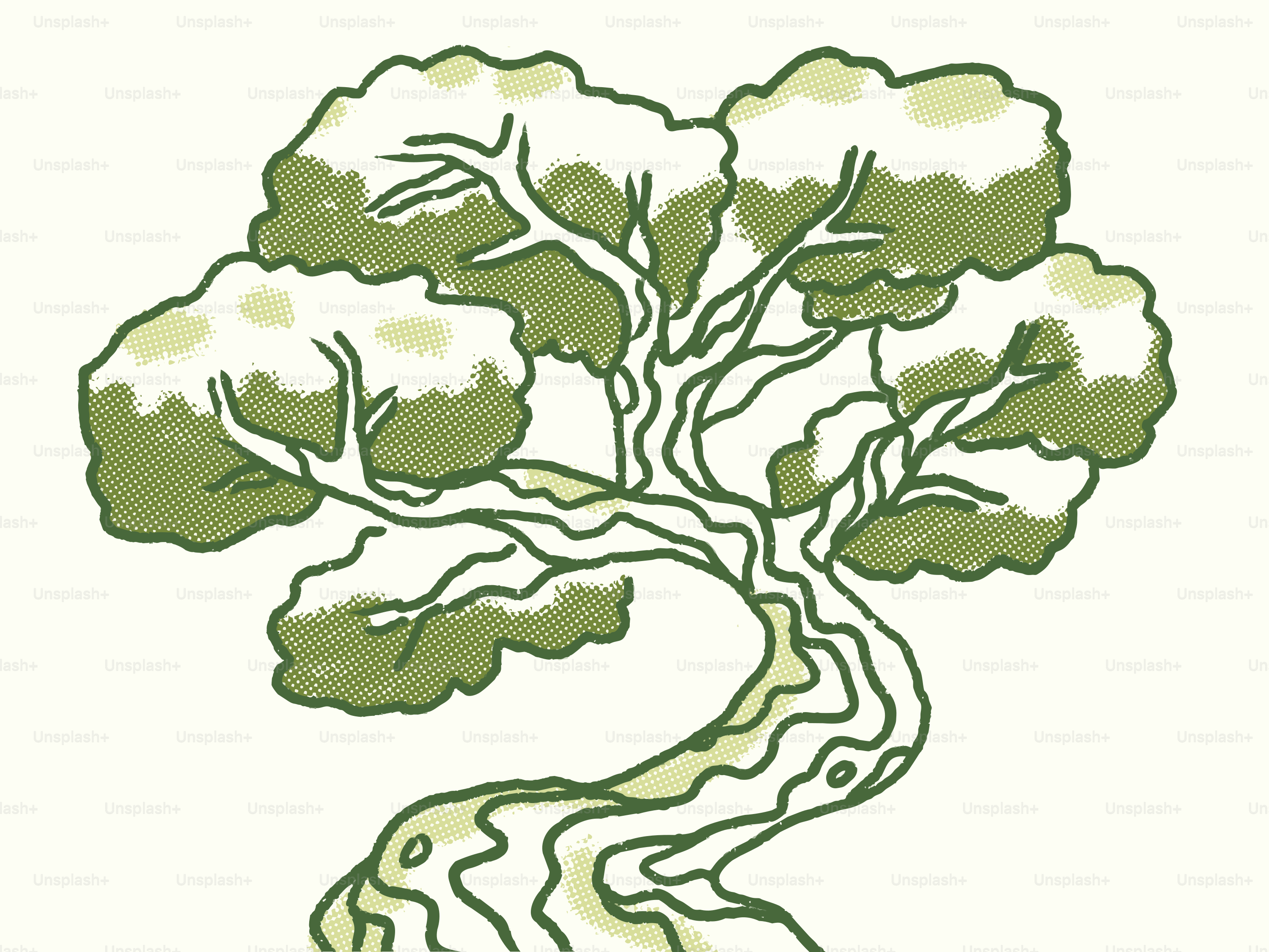 Un dessin stylisé d’un arbre au feuillage vert.
