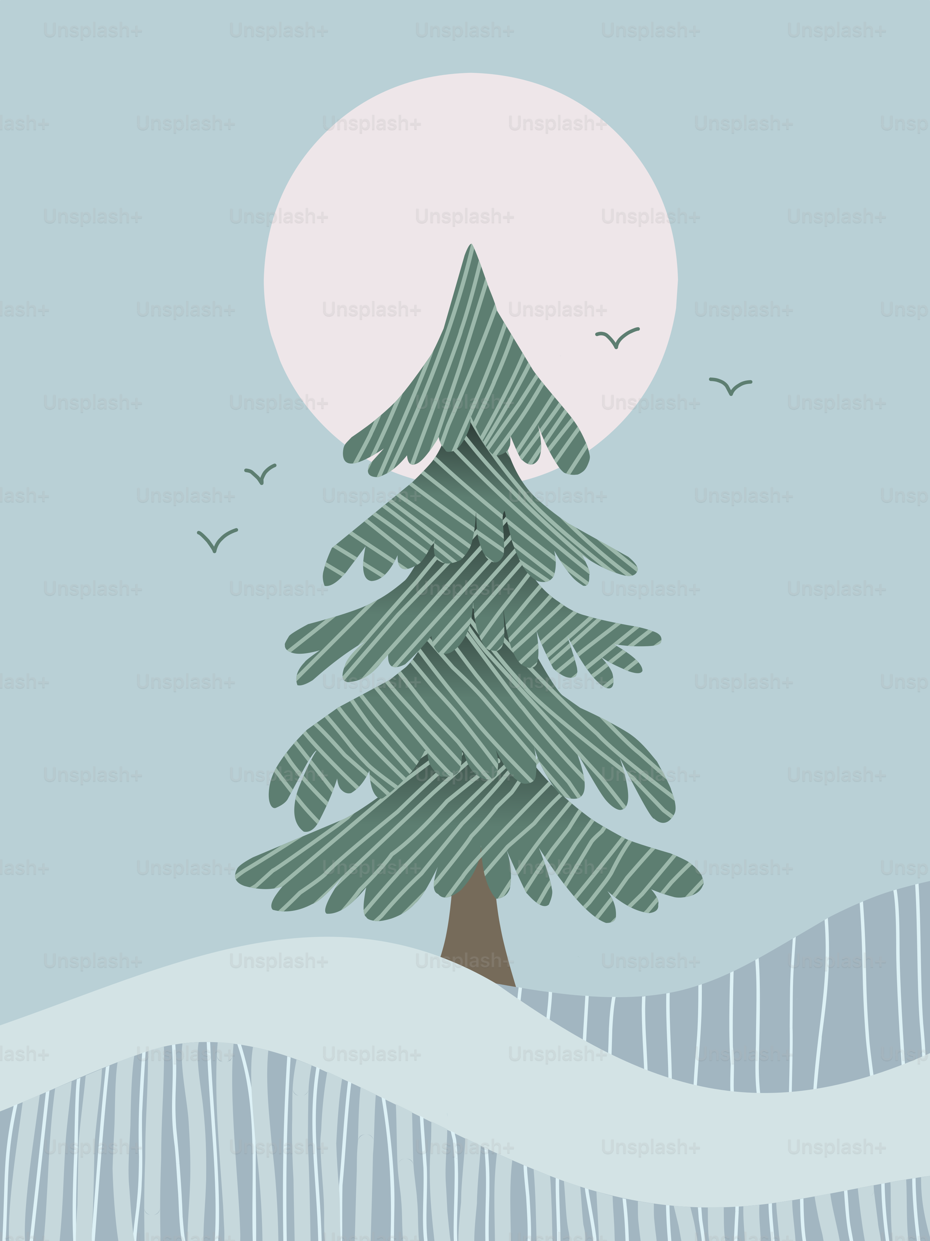 A stylized evergreen tree under a large, pale moon.