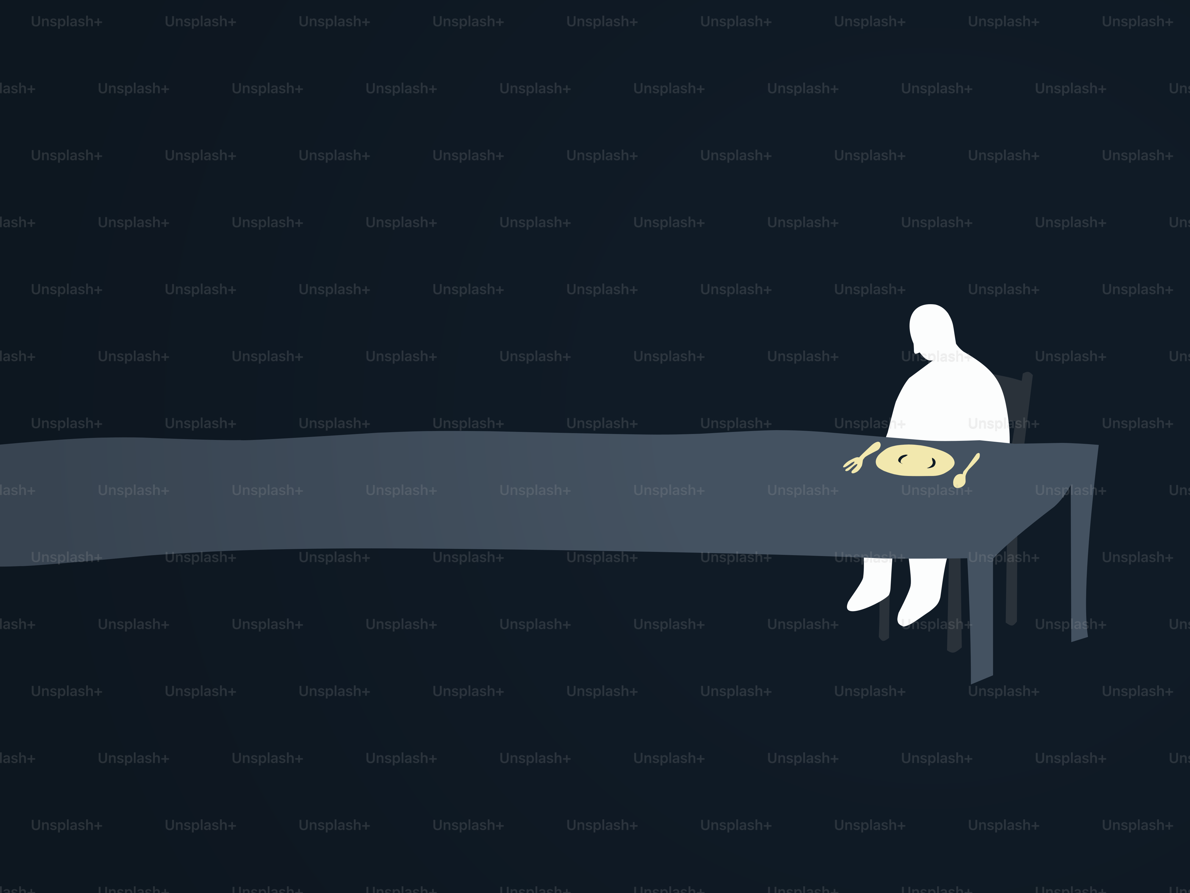 A solitary figure sits at a long table with food.