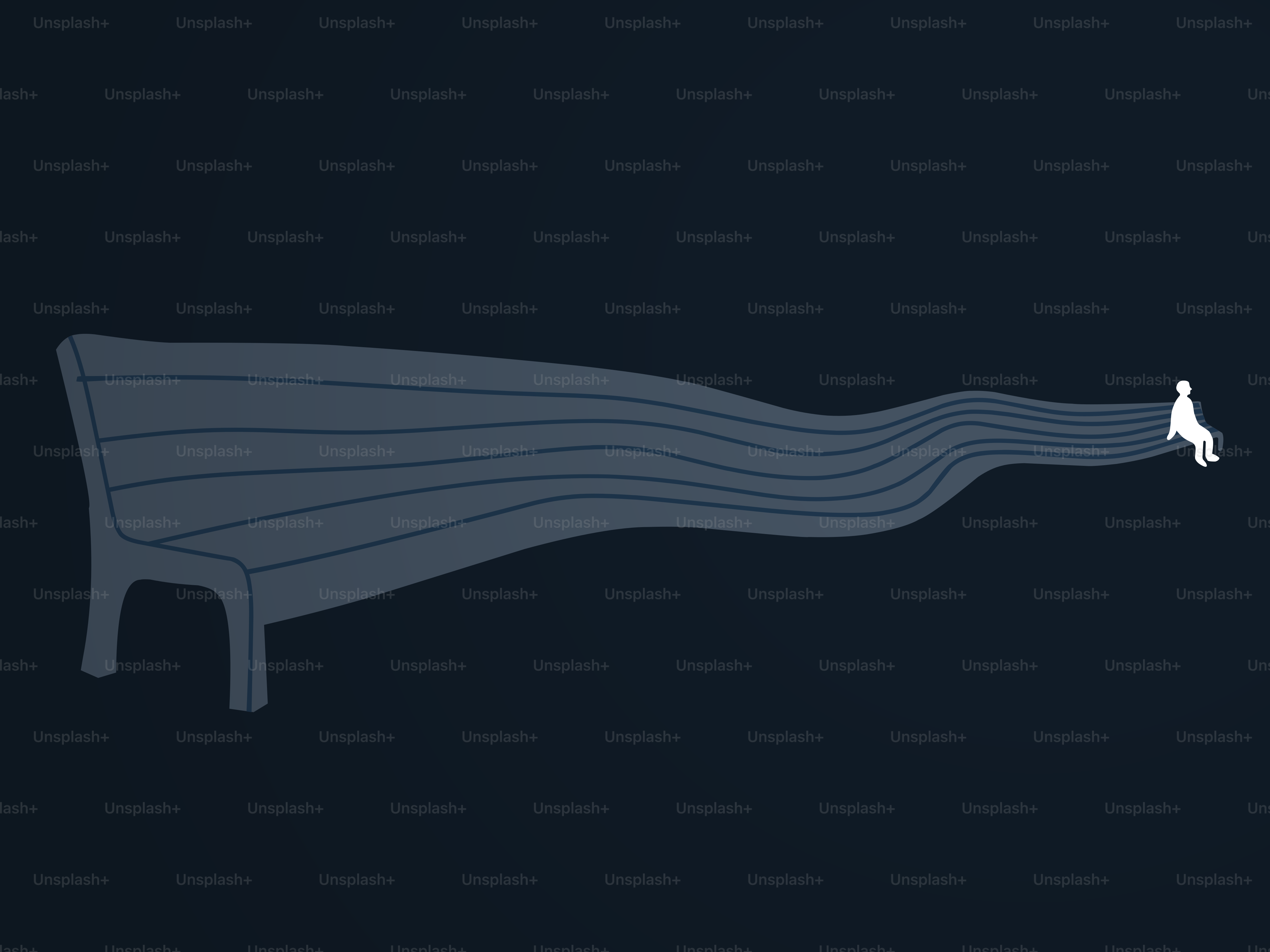 A dark blue bench with wavy lines extending outward.